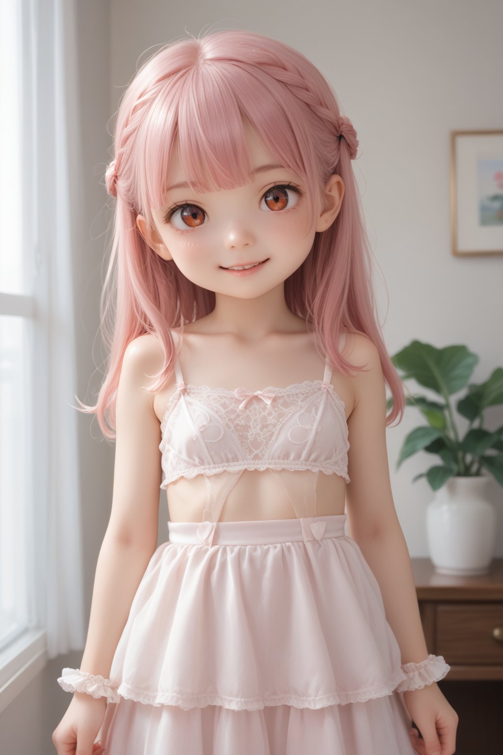 score_9, score_8_up, score_7_up,solo,(loli,petite body:1.7),bangs,long hair, smile,dress, indoors , pink hair,red eyes 