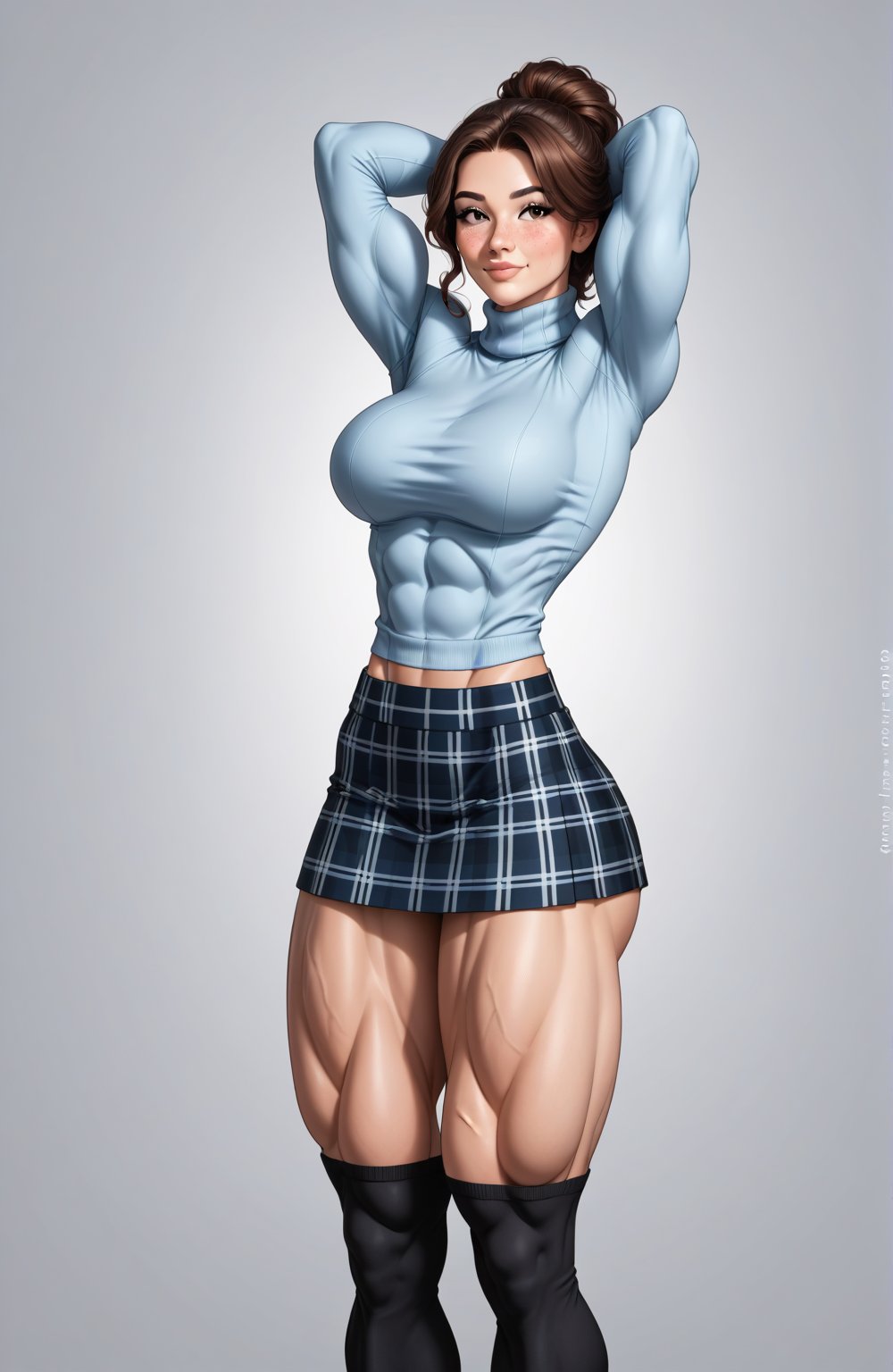 beautiful toned woman, perfect hourglass muscle body, longsleeve turtleneck sweater, plaid skirt, thigh high socks, busty, big hentai breasts, nice ass, female muscle, dreamymuscle, beautiful face, wavy dark brown hair, missveins, vascular, thick dark veins, toned muscular arms, thick muscular legs with big quadriceps, low body fat percentage, freckles, rosy blushed cheeks, feminine pelvis, female anatomy, female bone structure, perfect eyes, soft pristine skin, cheek dimples, standing stoically, arms raised, hands behind head, superior, elegance, erotic scene