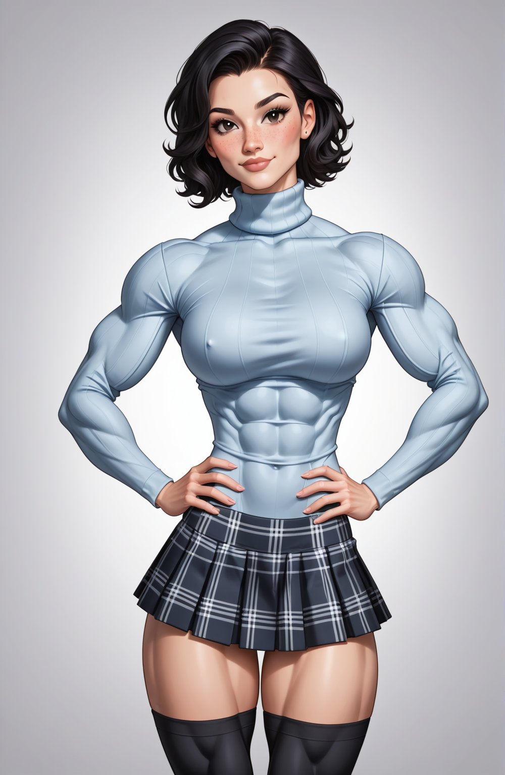 beautiful toned woman, perfect hourglass muscle body, longsleeve turtleneck sweater, plaid skirt, thigh high socks, busty, big hentai breasts, nice ass, missveins, vascular, thick dark veins, toned muscular arms, thick muscular legs with big quadriceps, beautiful face, black hair, female muscle, dreamymuscle, low body fat percentage, freckles, rosy blushed cheeks, feminine pelvis, female anatomy, female bone structure, perfect eyes, soft pristine skin, cheek dimples, standing stoically, hands on hips, superior, elegance, erotic scene