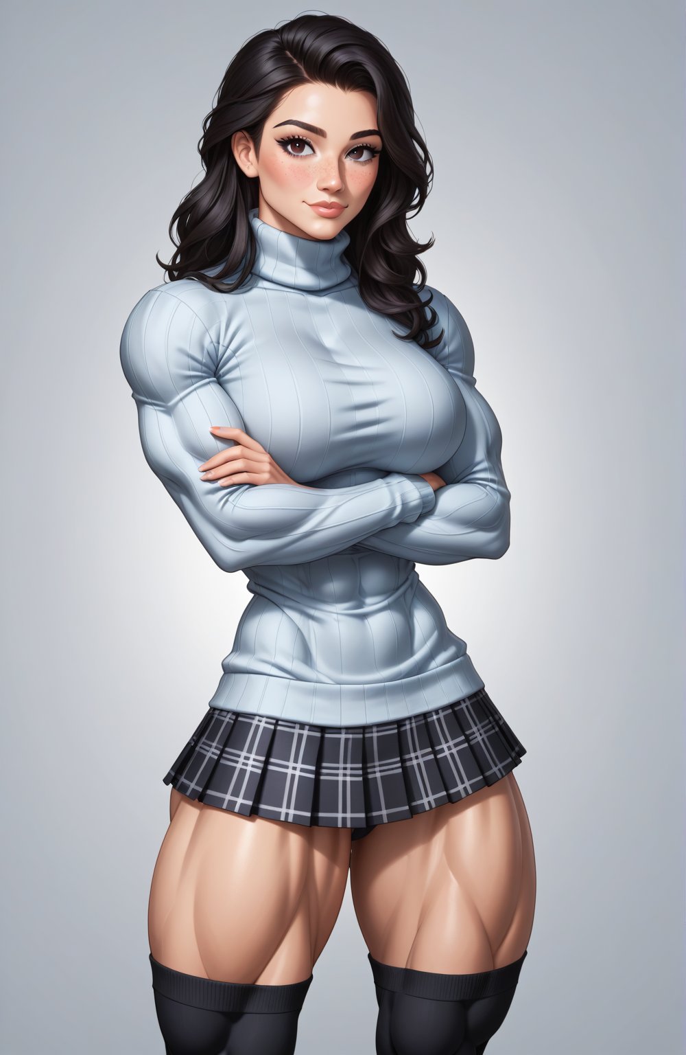 beautiful toned girl, perfect hourglass muscle body, longsleeve turtleneck sweater, plaid skirt, thigh high socks, womens loafers, busty, big hentai breasts, nice ass, missveins, vascular, thick dark veins, muscular arms, muscular legs, female muscle, dreamymuscle, low body fat percentage, beautiful face, smart black hair, freckles, rosy blushed cheeks, feminine pelvis, female anatomy, female bone structure, perfect eyes, soft pristine skin, cheek dimples, superior, elegance, erotic scene