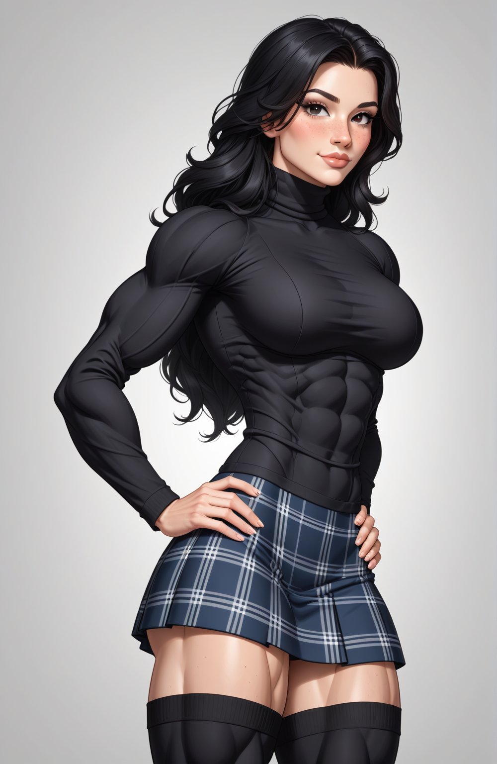 beautiful toned girl, perfect hourglass muscle body, longsleeve turtleneck sweater, plaid skirt, thigh high socks, busty, big hentai breasts, nice ass, missveins, vascular, thick dark veins, muscular arms, muscular legs, defined quadriceps, veiny quadriceps, quadricep veins, female muscle, dreamymuscle, low body fat percentage, beautiful face, smart black hair, freckles, rosy blushed cheeks, feminine pelvis, female anatomy, female bone structure, perfect eyes, soft pristine skin, cheek dimples, standing stoically, hands on hips, superior, elegance, erotic scene