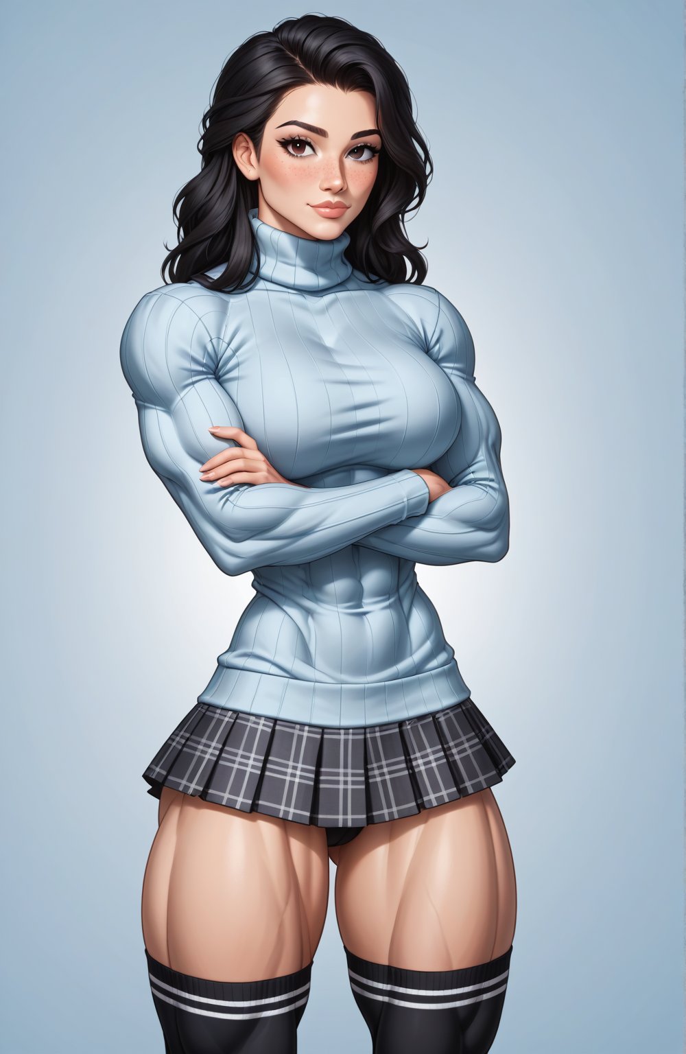 beautiful toned girl, perfect hourglass muscle body, longsleeve turtleneck sweater, plaid skirt, thigh high socks, busty, big hentai breasts, nice ass, missveins, vascular, thick dark veins, muscular arms, muscular legs, female muscle, dreamymuscle, low body fat percentage, beautiful face, smart black hair, freckles, rosy blushed cheeks, feminine pelvis, female anatomy, female bone structure, perfect eyes, soft pristine skin, cheek dimples, superior, elegance, erotic scene