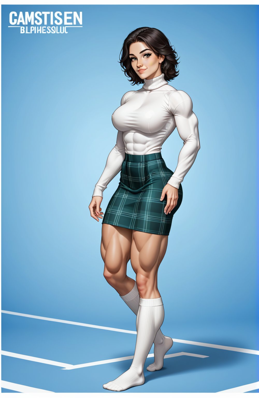 beautiful toned girl, perfect hourglass muscle body, longsleeve turtleneck sweater, plaid skirt, thigh high socks, busty, big hentai breasts, nice ass, missveins, vascular, thick dark veins, muscular arms, muscular legs, female muscle, dreamymuscle, low body fat percentage, beautiful face, smart black hair, freckles, rosy blushed cheeks, feminine pelvis, female anatomy, female bone structure, perfect eyes, soft pristine skin, cheek dimples, superior, elegance, erotic scene