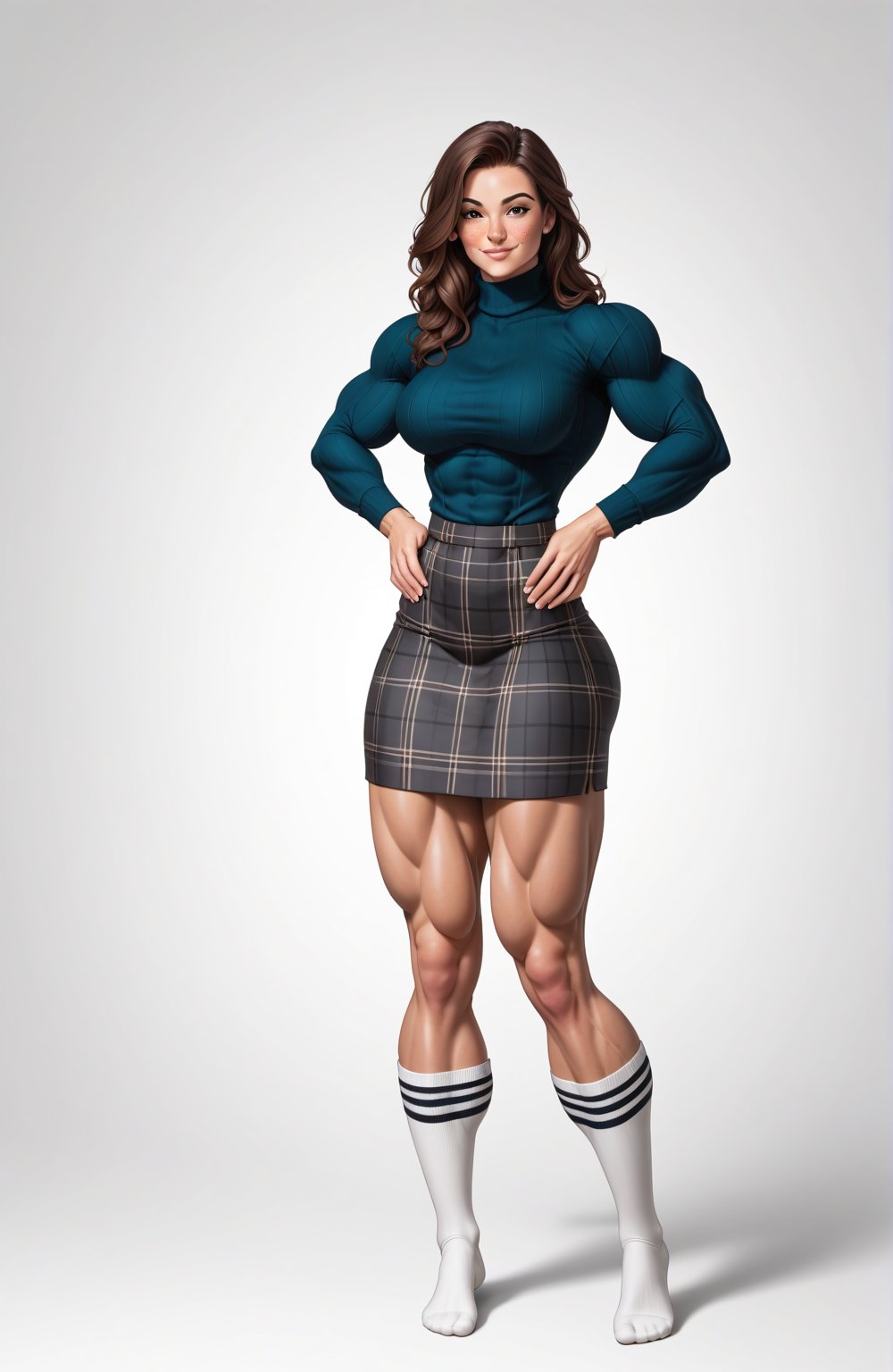 beautiful toned woman, perfect hourglass muscle body, longsleeve turtleneck sweater, plaid skirt, thigh high socks, busty, big hentai breasts, nice ass, female muscle, dreamymuscle, beautiful face, wavy dark brown hair, missveins, vascular, thick dark veins, toned muscular arms, thick muscular legs with big quadriceps, low body fat percentage, freckles, rosy blushed cheeks, feminine pelvis, female anatomy, female bone structure, perfect eyes, soft pristine skin, cheek dimples, standing stoically, hands on hips, superior, elegance, erotic scene