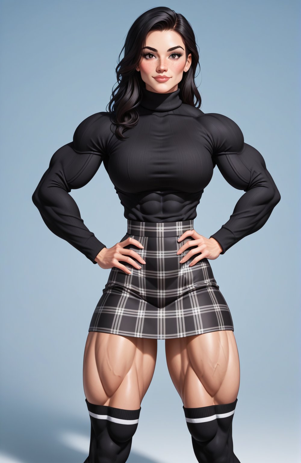 beautiful toned woman, perfect hourglass muscle body, longsleeve turtleneck sweater, plaid skirt, thigh high socks, busty, big hentai breasts, nice ass, female muscle, dreamymuscle, beautiful face, long black hair, missveins, vascular, thick dark veins, toned muscular arms, thick muscular legs with big quadriceps, low body fat percentage, freckles, rosy blushed cheeks, feminine pelvis, female anatomy, female bone structure, perfect eyes, soft pristine skin, cheek dimples, standing stoically, hands on hips, superior, elegance, erotic scene