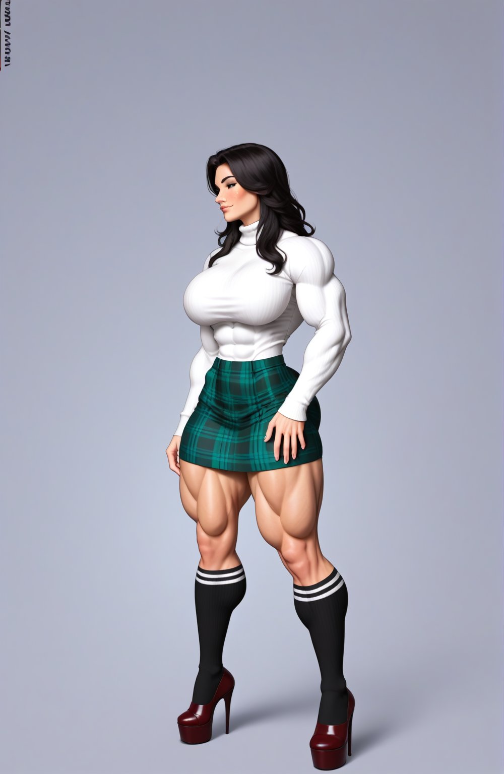 beautiful toned woman, perfect hourglass muscle body, longsleeve turtleneck sweater, plaid skirt, thigh high socks, busty, big hentai breasts, nice ass, female muscle, dreamymuscle, beautiful face, long black hair, missveins, vascular, thick dark veins, toned muscular arms, thick muscular legs with big quadriceps, low body fat percentage, freckles, rosy blushed cheeks, feminine pelvis, female anatomy, female bone structure, perfect eyes, cheek dimples, stoic feminine posture, superior, elegance, erotic scene,