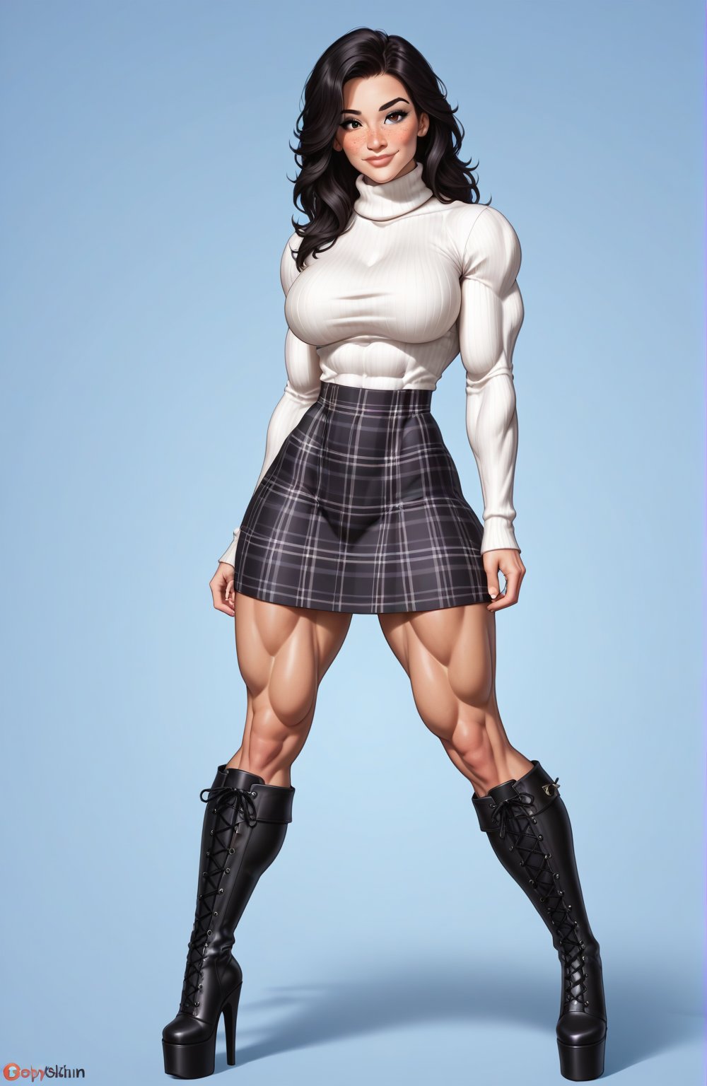 beautiful toned girl, perfect hourglass muscle body, longsleeve turtleneck sweater, plaid skirt, thigh high socks, platform ankle boots, busty, big hentai breasts, nice ass, missveins, vascular, thick dark veins, muscular arms, muscular legs, female muscle, dreamymuscle, low body fat percentage, beautiful face, smart black hair, freckles, rosy blushed cheeks, feminine pelvis, female anatomy, female bone structure, perfect eyes, soft pristine skin, cheek dimples, superior, elegance, erotic scene