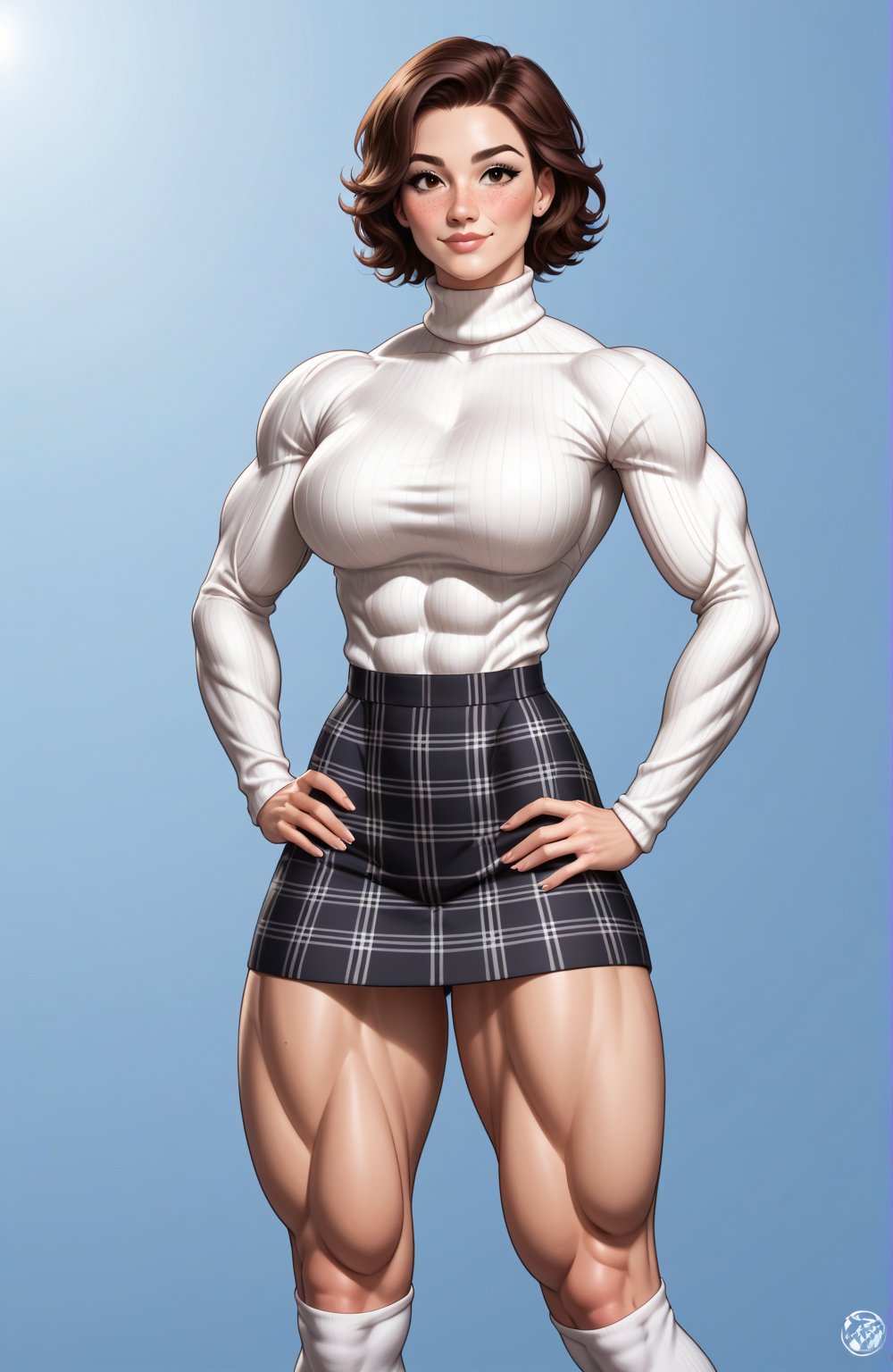 beautiful toned woman, perfect hourglass muscle body, longsleeve turtleneck sweater, plaid skirt, thigh high socks, busty, big hentai breasts, nice ass, missveins, vascular, thick dark veins, toned muscular arms, thick muscular legs, big quadriceps, female muscle, dreamymuscle, low body fat percentage, beautiful face, smart black hair, freckles, rosy blushed cheeks, feminine pelvis, female anatomy, female bone structure, perfect eyes, soft pristine skin, cheek dimples, standing stoically, hands on hips, superior, elegance, erotic scene