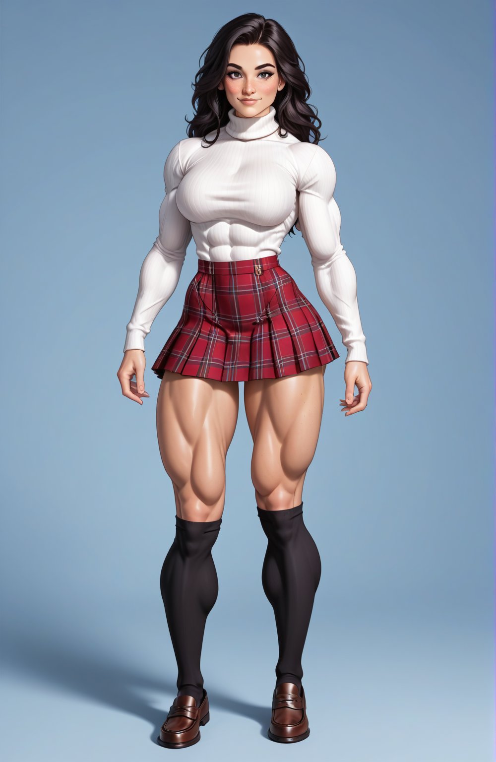 beautiful toned girl, perfect hourglass muscle body, longsleeve turtleneck sweater, plaid skirt, thigh high socks, womens loafers, busty, big hentai breasts, nice ass, missveins, vascular, thick dark veins, muscular arms, muscular legs, female muscle, dreamymuscle, low body fat percentage, beautiful face, smart black hair, freckles, rosy blushed cheeks, feminine pelvis, female anatomy, female bone structure, perfect eyes, soft pristine skin, cheek dimples, superior, elegance, erotic scene