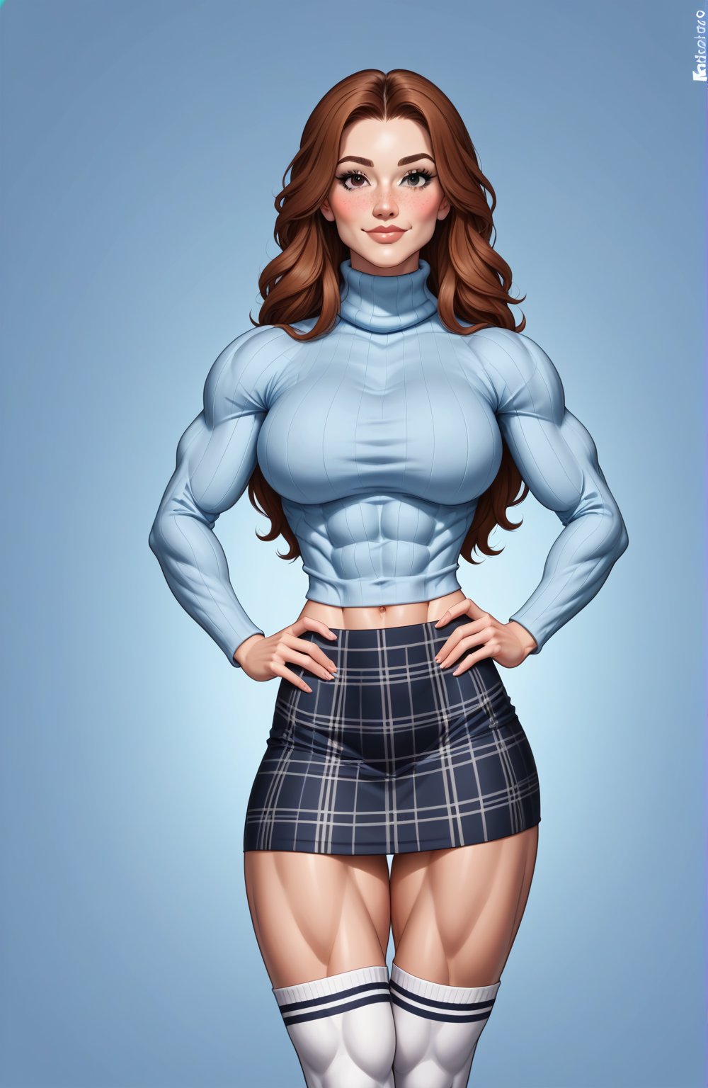 beautiful toned woman, perfect hourglass muscle body, longsleeve turtleneck sweater, plaid skirt, thigh high socks, busty, big hentai breasts, nice ass, missveins, vascular, thick dark veins, toned muscular arms, thick muscular legs with big quadriceps, female muscle, dreamymuscle, low body fat percentage, beautiful face, black long smart hair, freckles, rosy blushed cheeks, feminine pelvis, female anatomy, female bone structure, perfect eyes, soft pristine skin, cheek dimples, standing stoically, hands on hips, superior, elegance, erotic scene