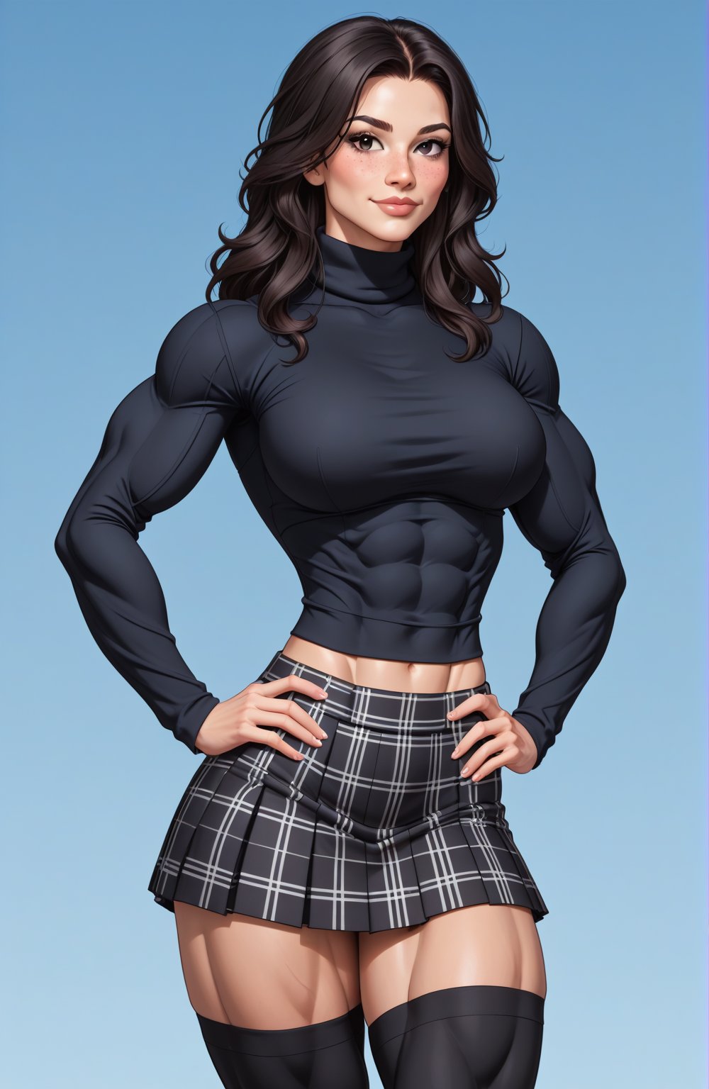 beautiful toned woman, perfect hourglass muscle body, longsleeve turtleneck sweater, plaid skirt, thigh high socks, busty, big hentai breasts, nice ass, missveins, vascular, thick dark veins, toned muscular arms, thick muscular legs with big quadriceps, female muscle, dreamymuscle, low body fat percentage, beautiful face, black hair, freckles, rosy blushed cheeks, feminine pelvis, female anatomy, female bone structure, perfect eyes, soft pristine skin, cheek dimples, standing stoically, hands on hips, superior, elegance, erotic scene