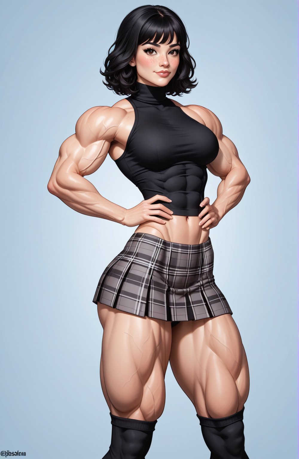 beautiful toned woman, perfect hourglass muscle body, longsleeve turtleneck sweater, plaid skirt, thigh high socks, busty, big hentai breasts, nice ass, female muscle, dreamymuscle, beautiful face, longe black hair with fringe, missveins, vascular, thick dark veins, toned muscular arms, thick muscular legs with big quadriceps, low body fat percentage, freckles, rosy blushed cheeks, feminine pelvis, female anatomy, female bone structure, perfect eyes, soft pristine skin, cheek dimples, standing stoically, hands on hips, superior, elegance, erotic scene