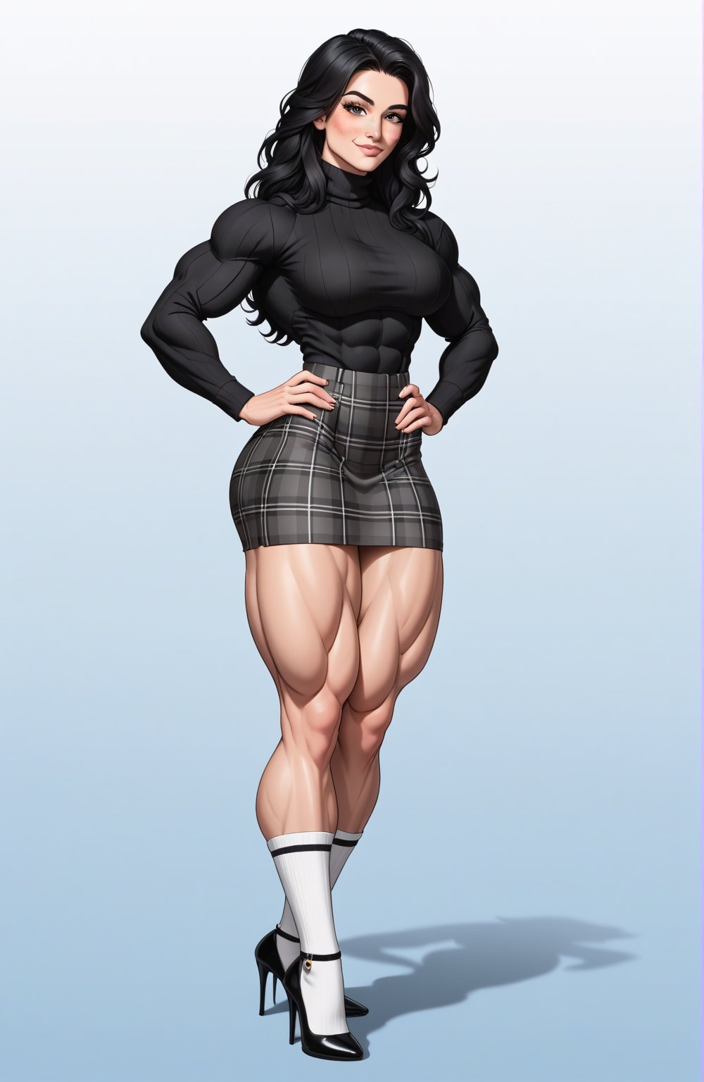 beautiful toned woman, perfect hourglass muscle body, longsleeve turtleneck sweater, plaid skirt, thigh high socks, stiletto high heels, busty, big hentai breasts, nice ass, female muscle, dreamymuscle, beautiful face, long black hair, missveins, vascular, thick dark veins, toned muscular arms, thick muscular legs with big quadriceps, low body fat percentage, freckles, rosy blushed cheeks, feminine pelvis, female anatomy, female bone structure, perfect eyes, cheek dimples, stoic feminine posture, hands on hips, superior, elegance, erotic scene,