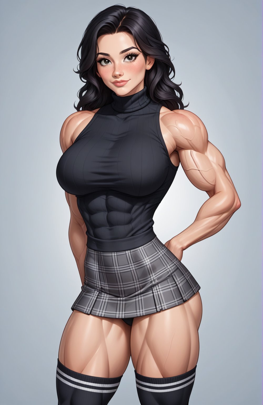 beautiful toned girl, perfect hourglass muscle body, sleeveless turtleneck sweater, plaid skirt, thigh high socks, busty, big hentai breasts, nice ass, missveins, vascular, thick dark veins, muscular arms, muscular legs, female muscle, dreamymuscle, low body fat percentage, beautiful face, smart black hair, freckles, rosy blushed cheeks, feminine pelvis, female anatomy, female bone structure, perfect eyes, soft pristine skin, cheek dimples, superior, elegance, erotic scene