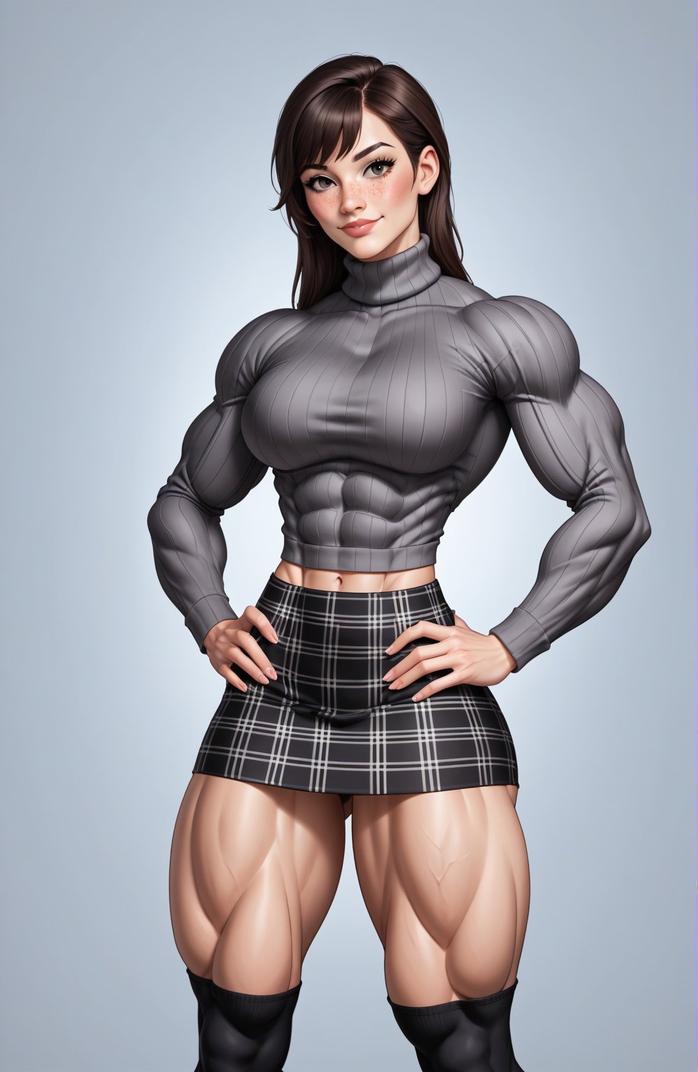 beautiful toned woman, perfect hourglass muscle body, longsleeve turtleneck sweater, plaid skirt, thigh high socks, busty, big hentai breasts, nice ass, female muscle, dreamymuscle, beautiful face, black fringe hair, missveins, vascular, thick dark veins, toned muscular arms, thick muscular legs with big quadriceps, low body fat percentage, freckles, rosy blushed cheeks, feminine pelvis, female anatomy, female bone structure, perfect eyes, soft pristine skin, cheek dimples, standing stoically, hands on hips, superior, elegance, erotic scene