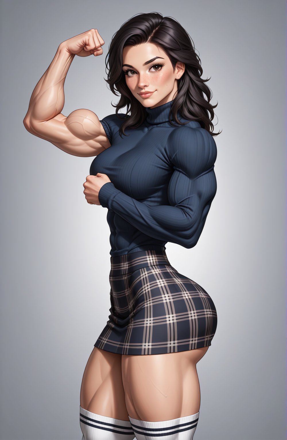 beautiful toned girl, perfect hourglass muscle body, longsleeve turtleneck sweater, plaid skirt, thigh high socks, busty, big hentai breasts, nice ass, missveins, vascular, thick dark veins, muscular arms, muscular legs, defined quadriceps, female muscle, dreamymuscle, low body fat percentage, beautiful face, smart black hair, freckles, rosy blushed cheeks, feminine pelvis, female anatomy, female bone structure, perfect eyes, soft pristine skin, cheek dimples, standing stoically, flexing arms, superior, elegance, erotic scene