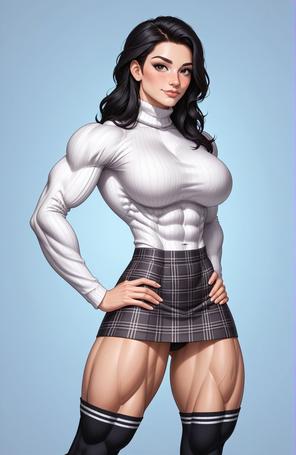 beautiful toned girl, perfect hourglass muscle body, longsleeve turtleneck sweater, plaid skirt, thigh high socks, busty, big hentai breasts, nice ass, missveins, vascular, thick dark veins, muscular arms, muscular legs, defined quadriceps, veiny quadriceps, quadricep veins, female muscle, dreamymuscle, low body fat percentage, beautiful face, smart black hair, freckles, rosy blushed cheeks, feminine pelvis, female anatomy, female bone structure, perfect eyes, soft pristine skin, cheek dimples, standing stoically, hands on hips, superior, elegance, erotic scene