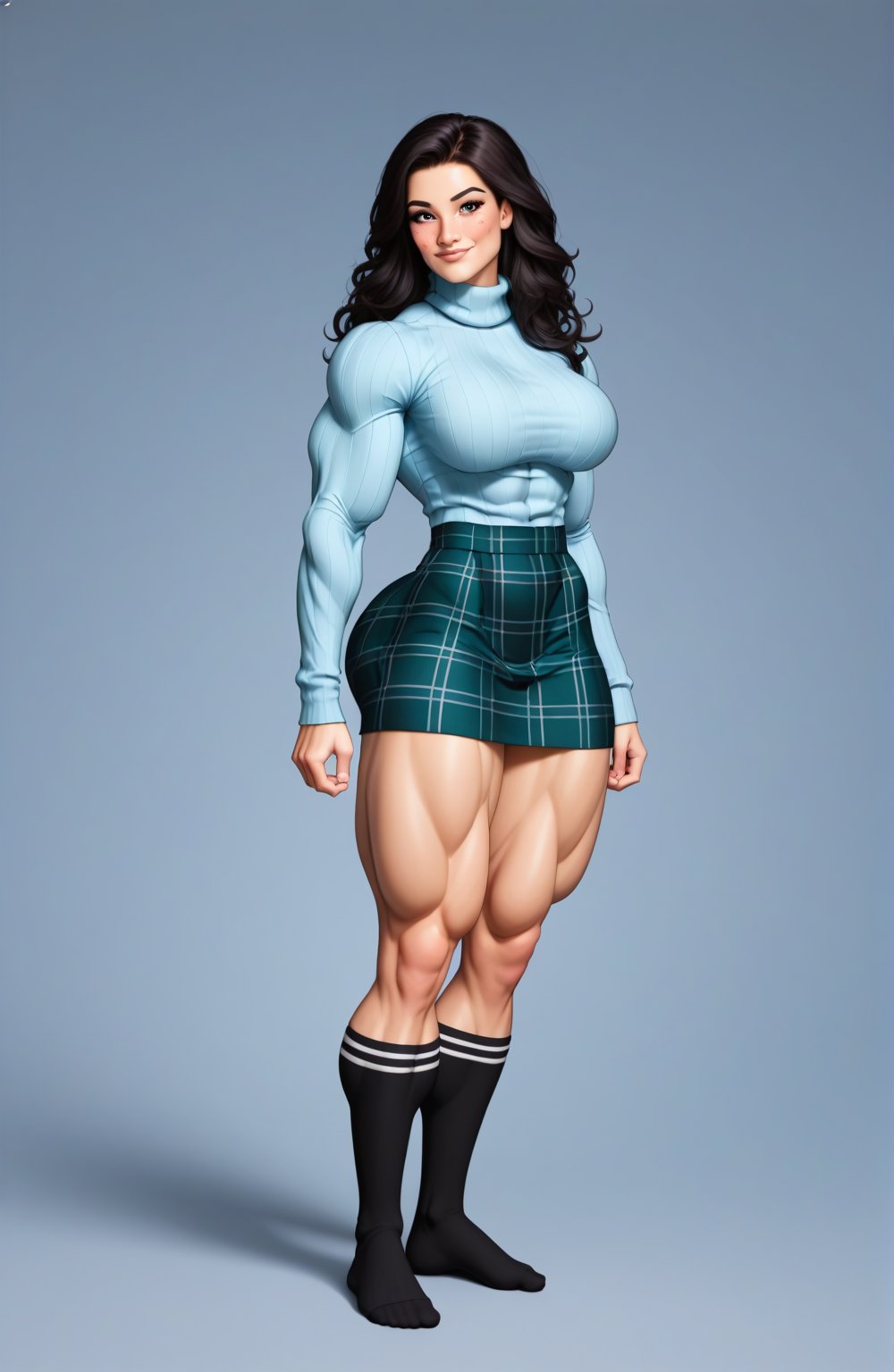 beautiful toned woman, perfect hourglass muscle body, longsleeve turtleneck sweater, plaid skirt, thigh high socks, busty, big hentai breasts, nice ass, female muscle, dreamymuscle, beautiful face, long black hair, missveins, vascular, thick dark veins, toned muscular arms, thick muscular legs with big quadriceps, low body fat percentage, freckles, rosy blushed cheeks, feminine pelvis, female anatomy, female bone structure, perfect eyes, cheek dimples, stoic feminine posture, superior, elegance, erotic scene,