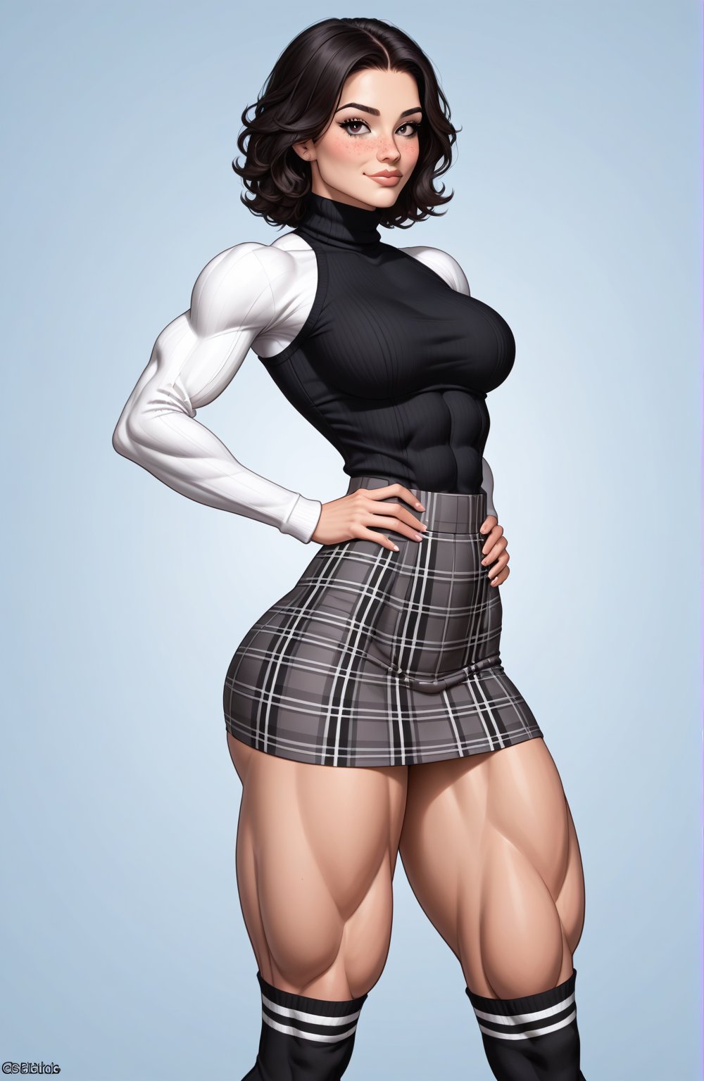 beautiful toned woman, perfect hourglass muscle body, longsleeve turtleneck sweater, plaid skirt, thigh high socks, busty, big hentai breasts, nice ass, missveins, vascular, thick dark veins, toned muscular arms, thick muscular legs with big quadriceps, beautiful face, black hair, female muscle, dreamymuscle, low body fat percentage, freckles, rosy blushed cheeks, feminine pelvis, female anatomy, female bone structure, perfect eyes, soft pristine skin, cheek dimples, standing stoically, hands on hips, superior, elegance, erotic scene