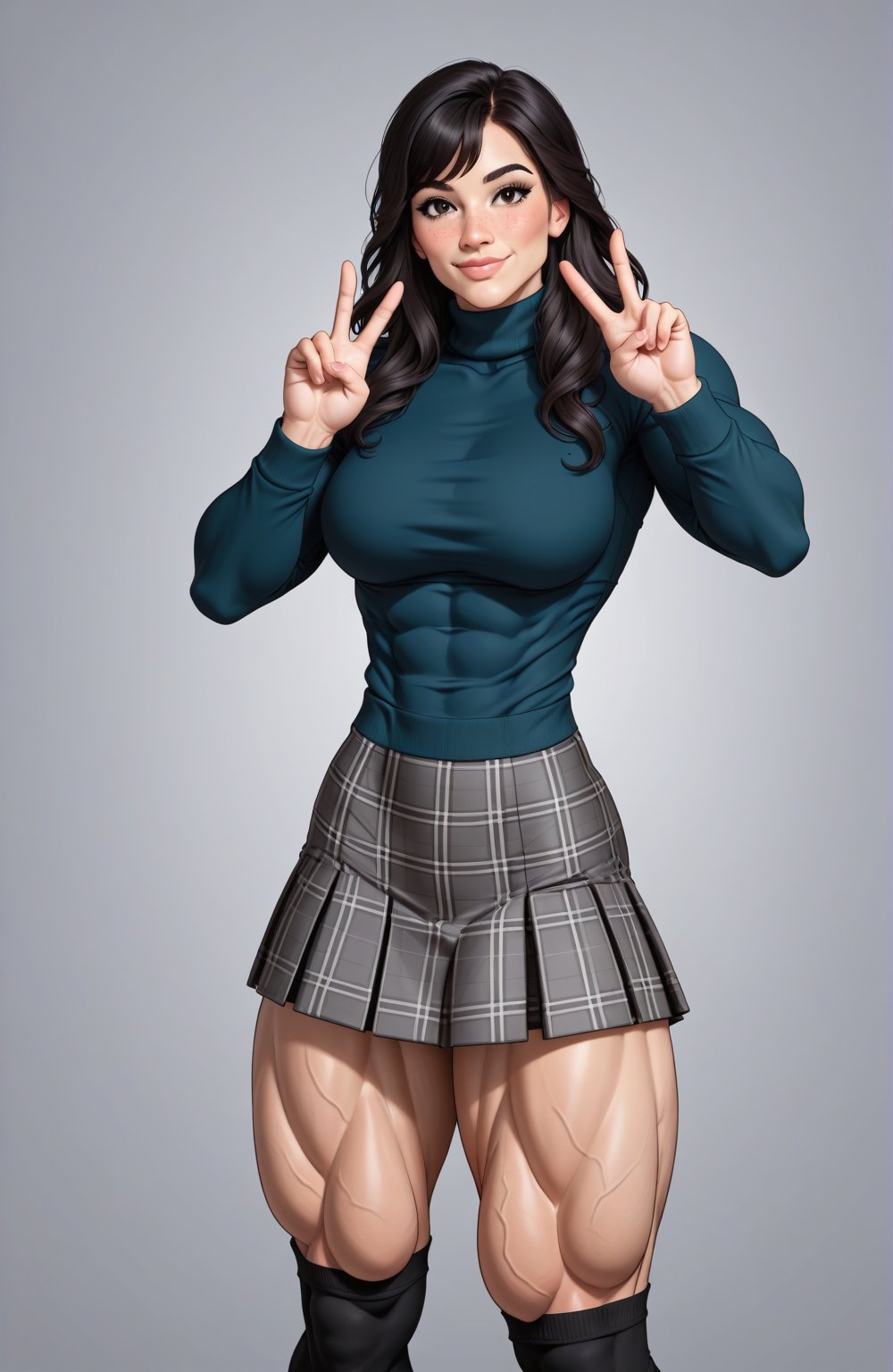 beautiful toned woman, perfect hourglass muscle body, longsleeve turtleneck sweater, plaid skirt, thigh high socks, busty, big hentai breasts, nice ass, female muscle, dreamymuscle, beautiful face, long black hair, missveins, vascular, thick dark veins, toned muscular arms, thick muscular legs with big quadriceps, low body fat percentage, freckles, rosy blushed cheeks, feminine pelvis, female anatomy, female bone structure, perfect eyes, oily skin, cheek dimples, standing stoically, double peace sign, superior, elegance, erotic scene