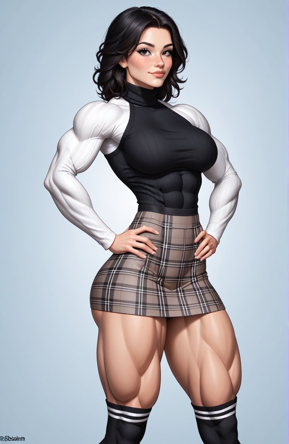 beautiful toned woman, perfect hourglass muscle body, longsleeve turtleneck sweater, plaid skirt, thigh high socks, busty, big hentai breasts, nice ass, female muscle, dreamymuscle, beautiful face, black hair, missveins, vascular, thick dark veins, toned muscular arms, thick muscular legs with big quadriceps, low body fat percentage, freckles, rosy blushed cheeks, feminine pelvis, female anatomy, female bone structure, perfect eyes, soft pristine skin, cheek dimples, standing stoically, hands on hips, superior, elegance, erotic scene