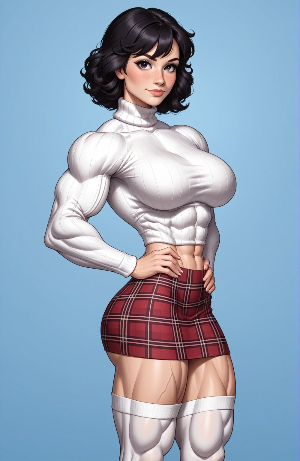 beautiful toned woman, perfect hourglass muscle body, longsleeve turtleneck sweater, plaid skirt, thigh high socks, busty, big hentai breasts, nice ass, female muscle, dreamymuscle, beautiful face, long black hair, missveins, vascular, thick dark veins, toned muscular arms, thick muscular legs with big quadriceps, low body fat percentage, freckles, rosy blushed cheeks, feminine pelvis, female anatomy, female bone structure, perfect eyes, cheek dimples, standing stoically, hands on hips, superior, elegance, erotic scene