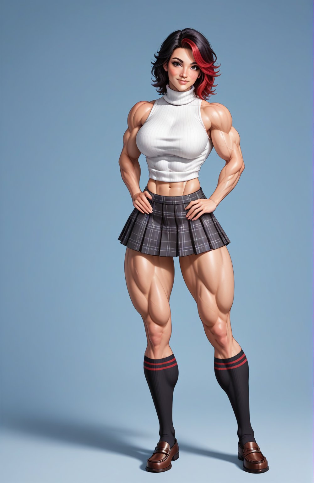 beautiful toned girl, perfect hourglass muscle body, sleeveless turtleneck sweater, plaid skirt, thigh high socks, womens loafers, busty, big hentai breasts, nice ass, missveins, vascular, thick dark veins, muscular arms, muscular legs, female muscle, dreamymuscle, low body fat percentage, beautiful face, black hair with red highlights, freckles, rosy blushed cheeks, feminine pelvis, female anatomy, female bone structure, perfect eyes, soft pristine skin, cheek dimples, superior, elegance, erotic scene