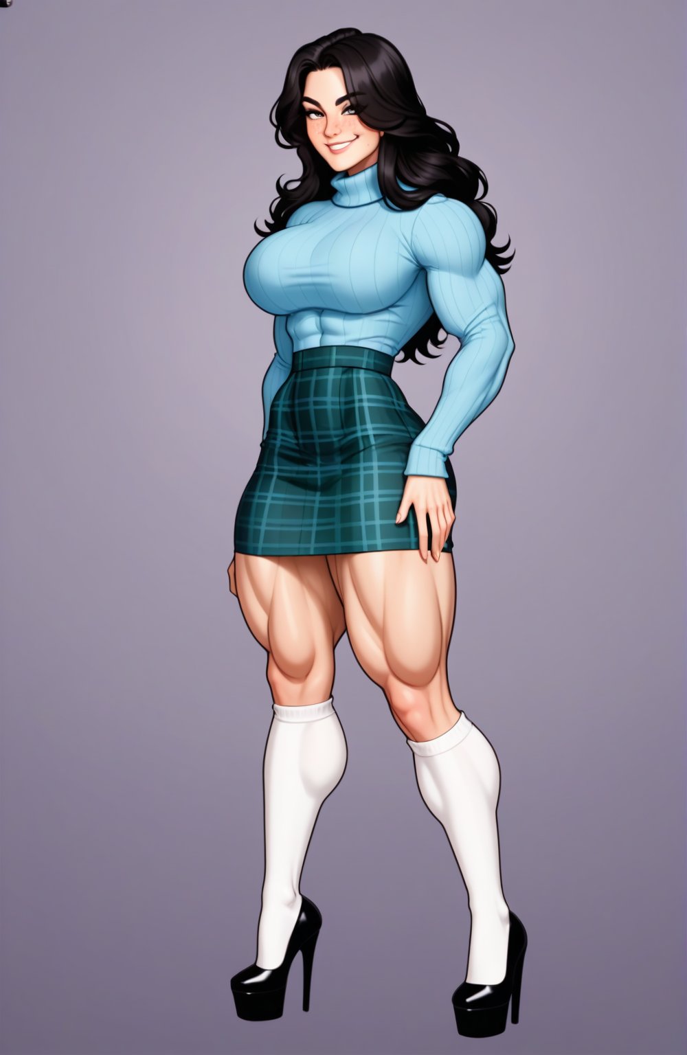 beautiful toned woman, perfect hourglass muscle body, longsleeve turtleneck sweater, plaid skirt, thigh high socks, stiletto high heels, busty, big hentai breasts, nice ass, female muscle, dreamymuscle, beautiful face, long black hair, missveins, vascular, thick dark veins, toned muscular arms, thick muscular legs with big quadriceps, low body fat percentage, freckles, rosy blushed cheeks, feminine pelvis, female anatomy, female bone structure, perfect eyes, cheek dimples, stoic feminine posture, looking at the camera, smug expression, superior, elegance, erotic scene,