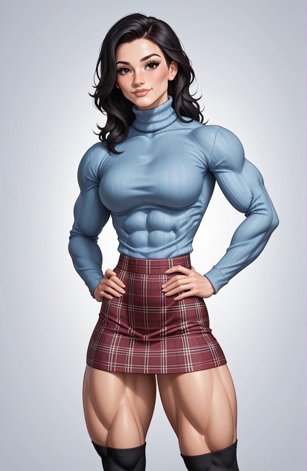 beautiful toned woman, perfect hourglass muscle body, longsleeve turtleneck sweater, plaid skirt, thigh high socks, busty, big hentai breasts, nice ass, missveins, vascular, thick dark veins, toned muscular arms, thick muscular legs with big quadriceps, beautiful face, black hair, female muscle, dreamymuscle, low body fat percentage, freckles, rosy blushed cheeks, feminine pelvis, female anatomy, female bone structure, perfect eyes, soft pristine skin, cheek dimples, standing stoically, hands on hips, superior, elegance, erotic scene