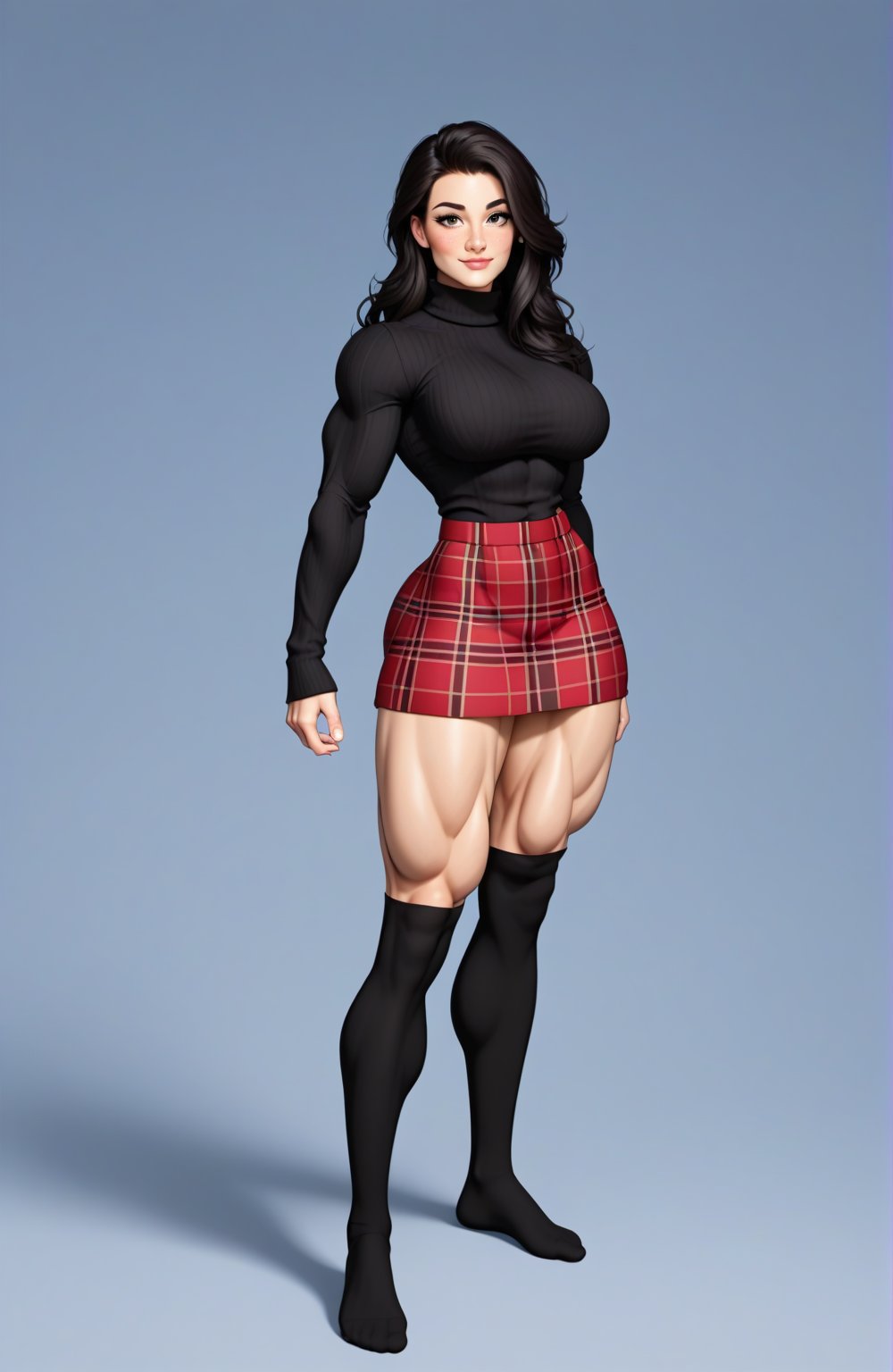 beautiful toned woman, perfect hourglass muscle body, longsleeve turtleneck sweater, plaid skirt, thigh high socks, busty, big hentai breasts, nice ass, female muscle, dreamymuscle, beautiful face, long black hair, missveins, vascular, thick dark veins, toned muscular arms, thick muscular legs with big quadriceps, low body fat percentage, freckles, rosy blushed cheeks, feminine pelvis, female anatomy, female bone structure, perfect eyes, cheek dimples, stoic feminine posture, superior, elegance, erotic scene,