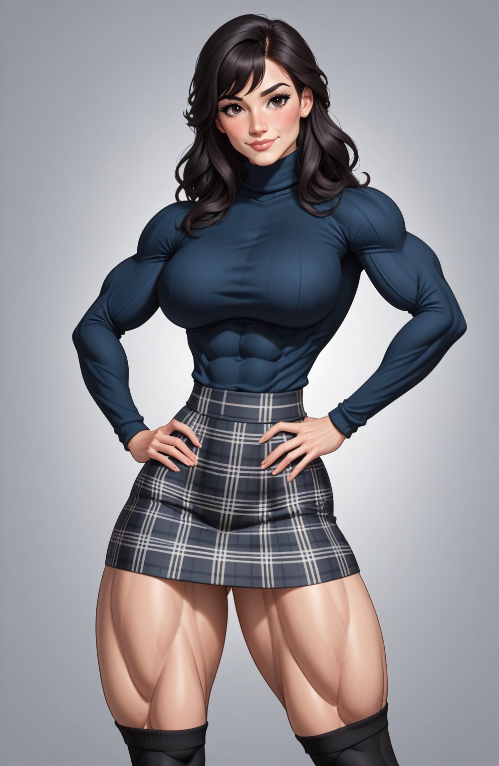 beautiful toned woman, perfect hourglass muscle body, longsleeve turtleneck sweater, plaid skirt, thigh high socks, busty, big hentai breasts, nice ass, female muscle, dreamymuscle, beautiful face, long black hair, missveins, vascular, thick dark veins, toned muscular arms, thick muscular legs with big quadriceps, low body fat percentage, freckles, rosy blushed cheeks, feminine pelvis, female anatomy, female bone structure, perfect eyes, cheek dimples, standing stoically, hands on hips, superior, elegance, erotic scene