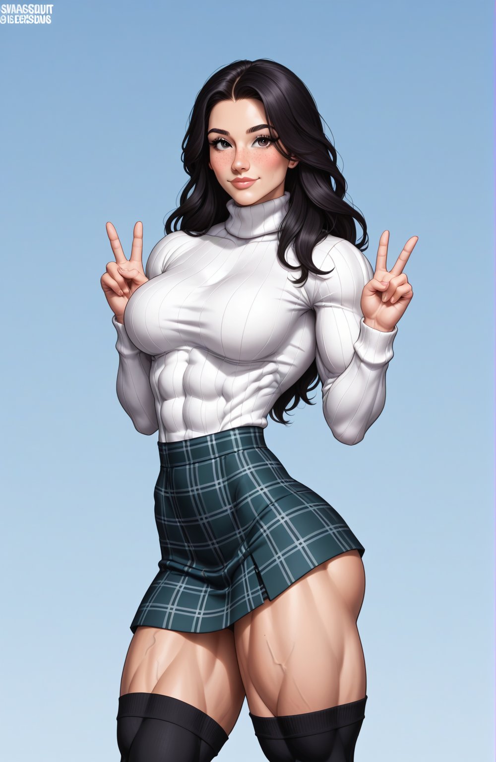 beautiful toned woman, perfect hourglass muscle body, longsleeve turtleneck sweater, plaid skirt, thigh high socks, busty, big hentai breasts, nice ass, female muscle, dreamymuscle, beautiful face, long black hair, missveins, vascular, thick dark veins, toned muscular arms, thick muscular legs with big quadriceps, low body fat percentage, freckles, rosy blushed cheeks, feminine pelvis, female anatomy, female bone structure, perfect eyes, soft pristine skin, cheek dimples, standing stoically, double peace sign, superior, elegance, erotic scene