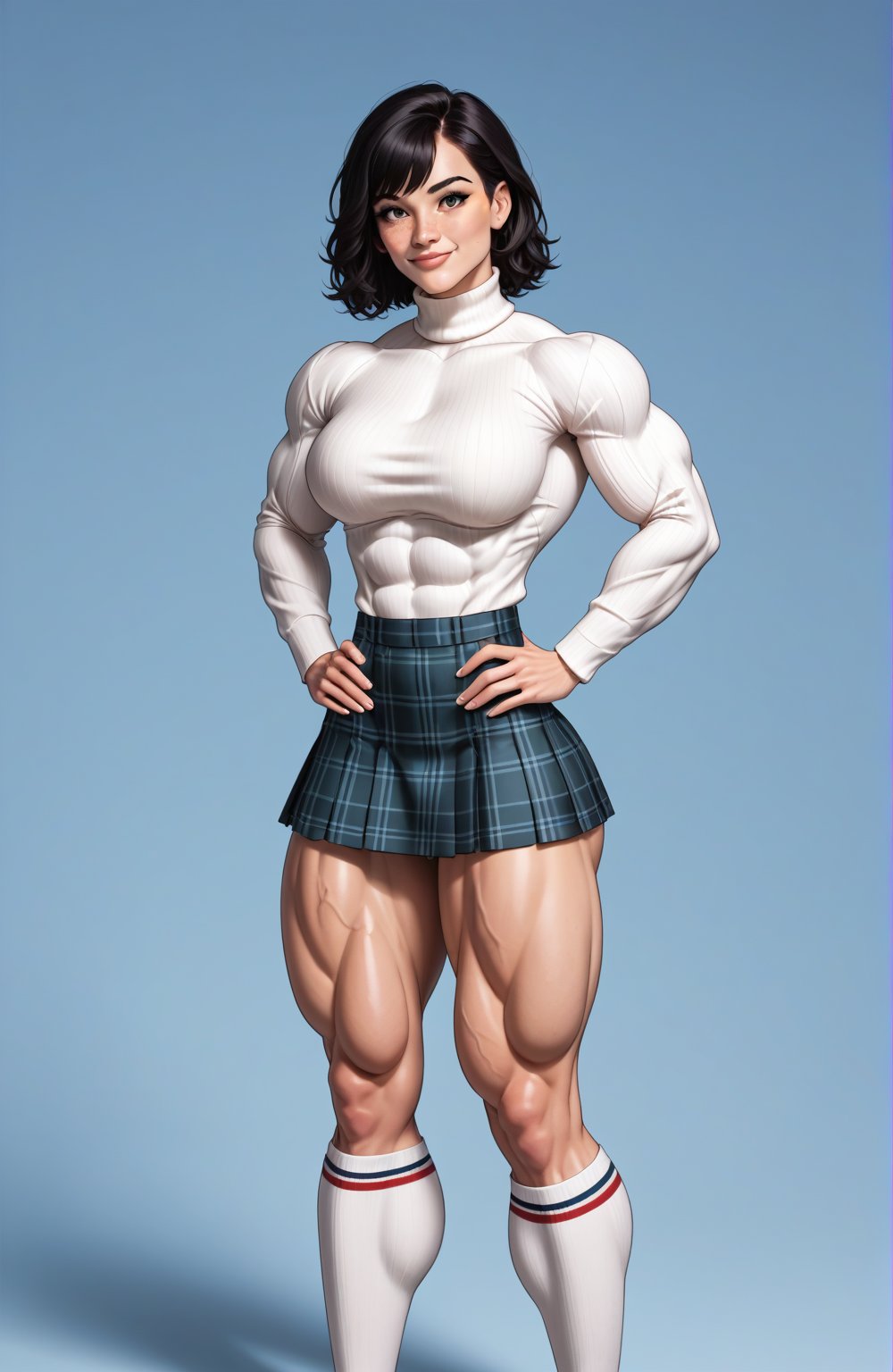 beautiful toned woman, perfect hourglass muscle body, longsleeve turtleneck sweater, plaid skirt, thigh high socks, busty, big hentai breasts, nice ass, female muscle, dreamymuscle, beautiful face, longe black hair with fringe, missveins, vascular, thick dark veins, toned muscular arms, thick muscular legs with big quadriceps, low body fat percentage, freckles, rosy blushed cheeks, feminine pelvis, female anatomy, female bone structure, perfect eyes, soft pristine skin, cheek dimples, standing stoically, hands on hips, superior, elegance, erotic scene