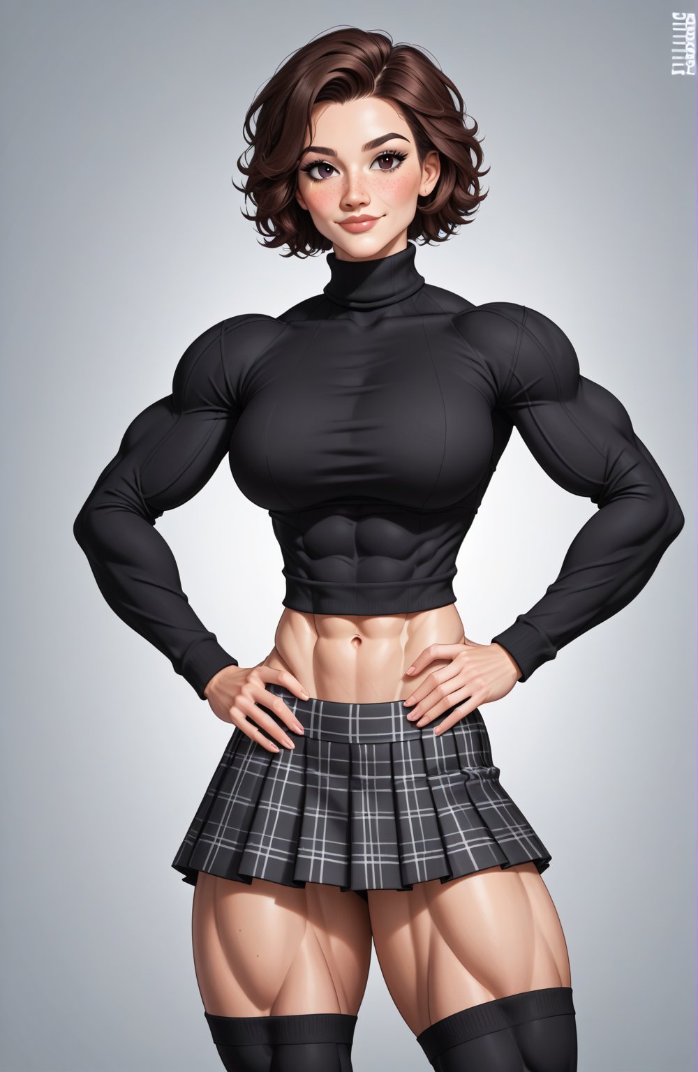 beautiful toned woman, perfect hourglass muscle body, longsleeve turtleneck sweater, plaid skirt, thigh high socks, busty, big hentai breasts, nice ass, female muscle, dreamymuscle, beautiful face, black fringe hair, missveins, vascular, thick dark veins, toned muscular arms, thick muscular legs with big quadriceps, low body fat percentage, freckles, rosy blushed cheeks, feminine pelvis, female anatomy, female bone structure, perfect eyes, soft pristine skin, cheek dimples, standing stoically, hands on hips, superior, elegance, erotic scene