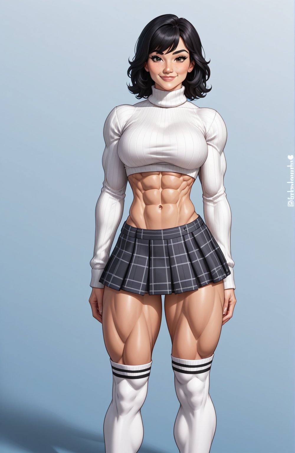 beautiful toned mature woman, perfect hourglass muscle body, longsleeve turtleneck sweater, plaid skirt, thigh high socks, busty, big hentai breasts, nice ass, female muscle, dreamymuscle, beautiful face, black hair with bangs, missveins, vascular, thick dark veins, toned muscular arms, thick muscular legs with big quadriceps, low body fat percentage, freckles, rosy blushed cheeks, feminine pelvis, female anatomy, female bone structure, perfect eyes, cheek dimples, front view, stoic feminine posture, looking at the camera, smug expression, superior, elegance, erotic scene,