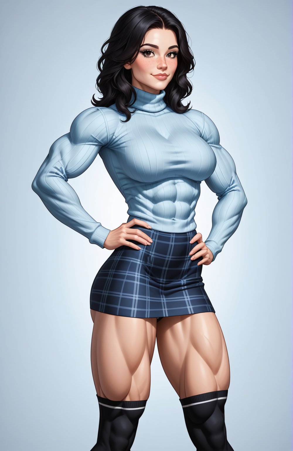 beautiful toned girl, perfect hourglass muscle body, longsleeve turtleneck sweater, plaid skirt, thigh high socks, busty, big hentai breasts, nice ass, missveins, vascular, thick dark veins, muscular arms, muscular legs, defined quadriceps, veiny quadriceps, quadricep veins, female muscle, dreamymuscle, low body fat percentage, beautiful face, smart black hair, freckles, rosy blushed cheeks, feminine pelvis, female anatomy, female bone structure, perfect eyes, soft pristine skin, cheek dimples, standing stoically, hands on hips, superior, elegance, erotic scene