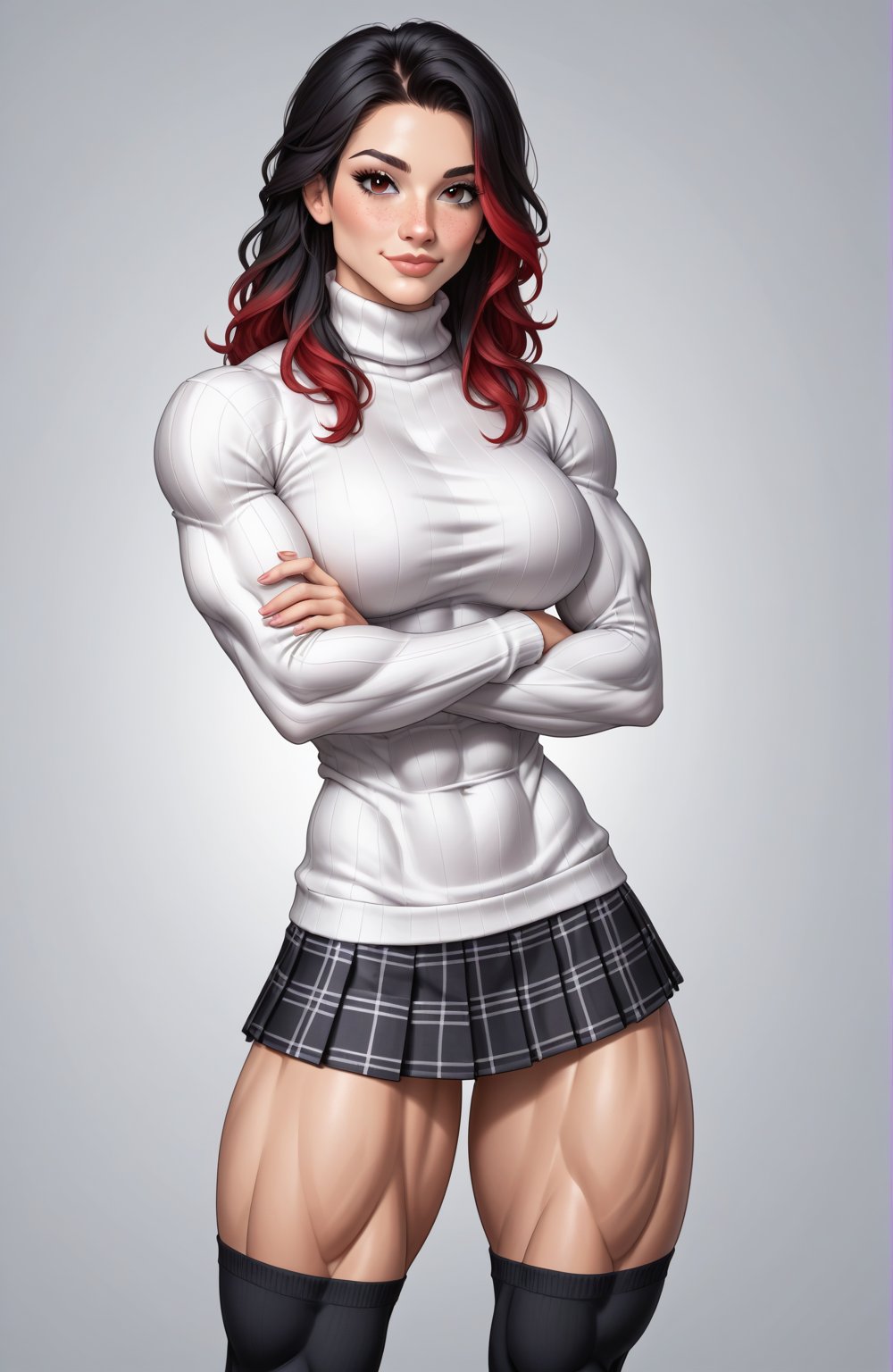 beautiful toned girl, perfect hourglass muscle body, longsleeve turtleneck sweater, plaid skirt, thigh high socks, womens loafers, busty, big hentai breasts, nice ass, missveins, vascular, thick dark veins, muscular arms, muscular legs, female muscle, dreamymuscle, low body fat percentage, beautiful face, black hair with red highlights, freckles, rosy blushed cheeks, feminine pelvis, female anatomy, female bone structure, perfect eyes, soft pristine skin, cheek dimples, superior, elegance, erotic scene