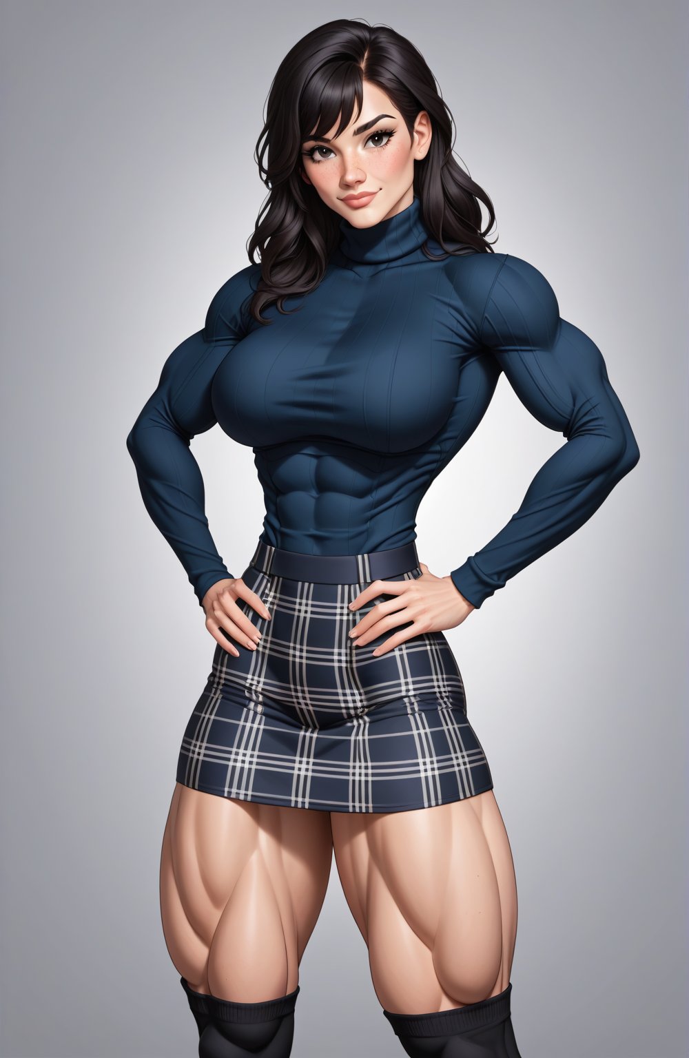 beautiful toned woman, perfect hourglass muscle body, longsleeve turtleneck sweater, plaid skirt, thigh high socks, busty, big hentai breasts, nice ass, female muscle, dreamymuscle, beautiful face, black hair, missveins, vascular, thick dark veins, toned muscular arms, thick muscular legs with big quadriceps, low body fat percentage, freckles, rosy blushed cheeks, feminine pelvis, female anatomy, female bone structure, perfect eyes, soft pristine skin, cheek dimples, standing stoically, hands on hips, superior, elegance, erotic scene