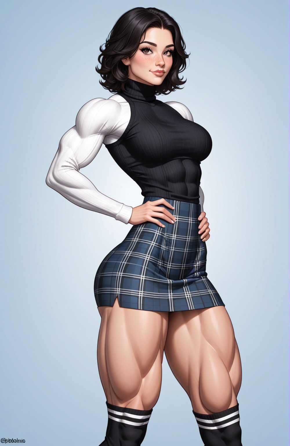 beautiful toned woman, perfect hourglass muscle body, longsleeve turtleneck sweater, plaid skirt, thigh high socks, busty, big hentai breasts, nice ass, missveins, vascular, thick dark veins, toned muscular arms, thick muscular legs with big quadriceps, female muscle, dreamymuscle, low body fat percentage, beautiful face, black hair, freckles, rosy blushed cheeks, feminine pelvis, female anatomy, female bone structure, perfect eyes, soft pristine skin, cheek dimples, standing stoically, hands on hips, superior, elegance, erotic scene