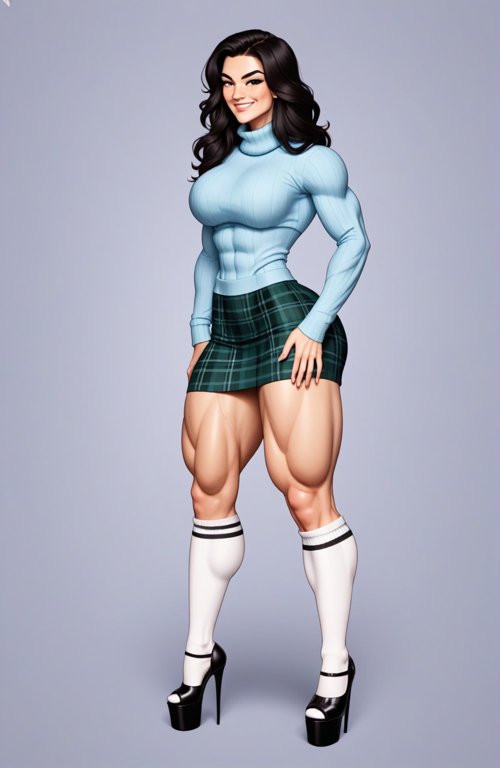 beautiful toned woman, perfect hourglass muscle body, longsleeve turtleneck sweater, plaid skirt, thigh high socks, stiletto high heels, busty, big hentai breasts, nice ass, female muscle, dreamymuscle, beautiful face, long black hair, missveins, vascular, thick dark veins, toned muscular arms, thick muscular legs with big quadriceps, low body fat percentage, freckles, rosy blushed cheeks, feminine pelvis, female anatomy, female bone structure, perfect eyes, cheek dimples, stoic feminine posture, looking at the camera, smug expression, superior, elegance, erotic scene,