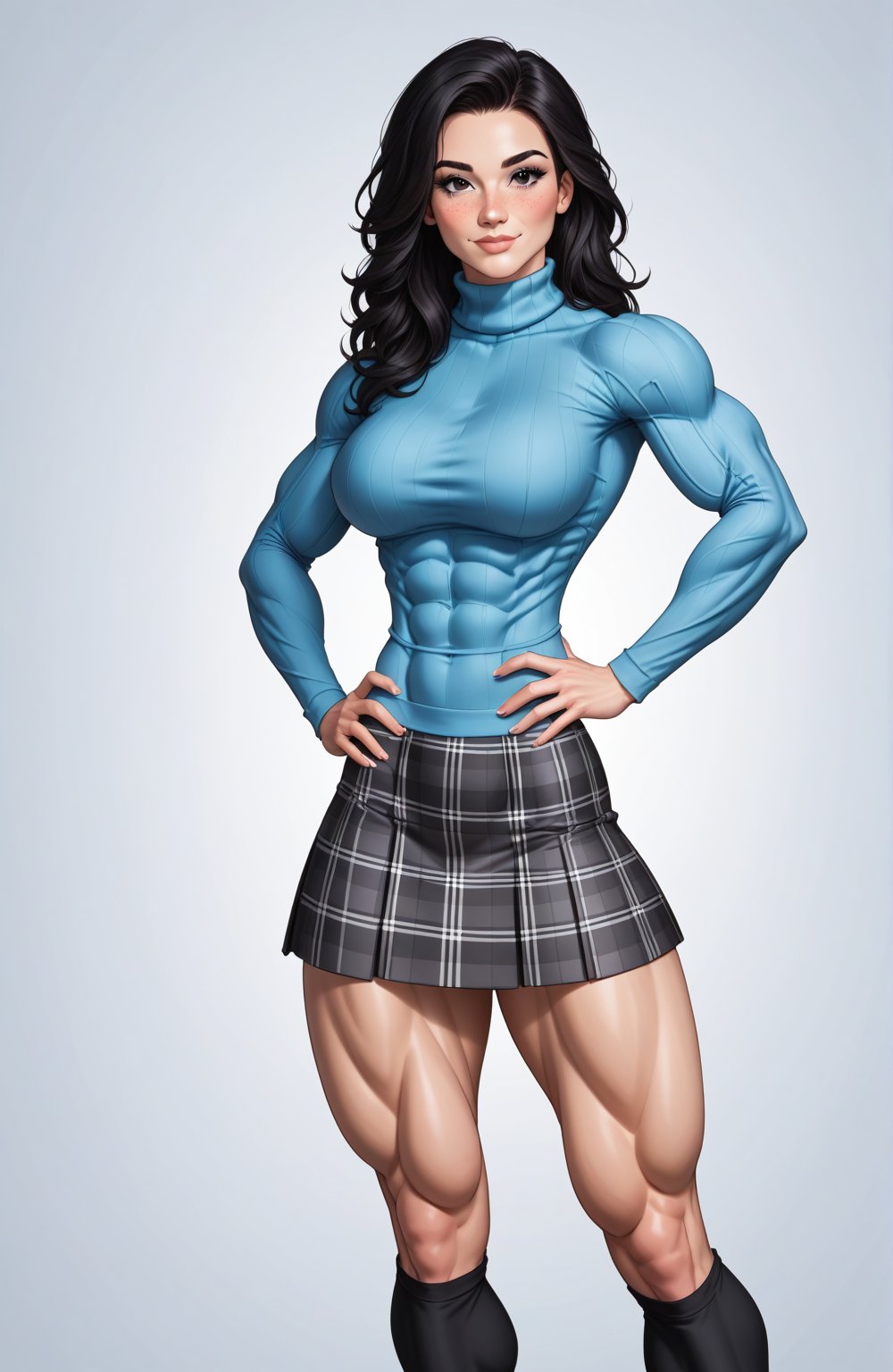 beautiful toned woman, perfect hourglass muscle body, longsleeve turtleneck sweater, plaid skirt, thigh high socks, busty, big hentai breasts, nice ass, female muscle, dreamymuscle, beautiful face, longe black hair with fringe, missveins, vascular, thick dark veins, toned muscular arms, thick muscular legs with big quadriceps, low body fat percentage, freckles, rosy blushed cheeks, feminine pelvis, female anatomy, female bone structure, perfect eyes, soft pristine skin, cheek dimples, standing stoically, hands on hips, superior, elegance, erotic scene