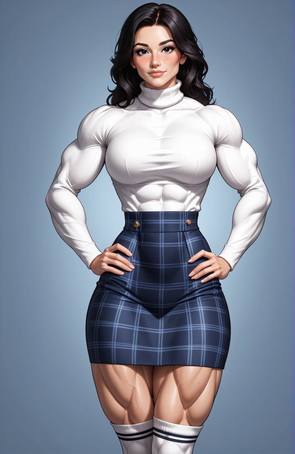 beautiful toned girl, perfect hourglass muscle body, longsleeve turtleneck sweater, plaid skirt, thigh high socks, busty, big hentai breasts, nice ass, missveins, vascular, thick dark veins, muscular arms, muscular legs, defined quadriceps, veiny quadriceps, quadricep veins, female muscle, dreamymuscle, low body fat percentage, beautiful face, smart black hair, freckles, rosy blushed cheeks, feminine pelvis, female anatomy, female bone structure, perfect eyes, soft pristine skin, cheek dimples, standing stoically, hands on hips, superior, elegance, erotic scene