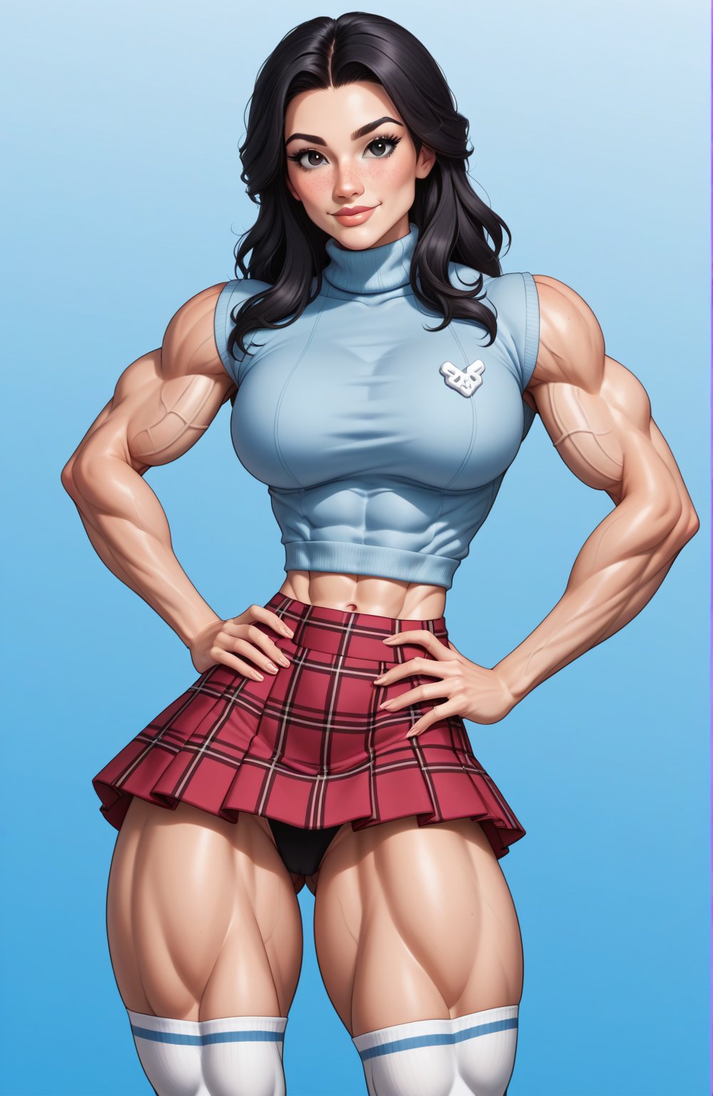 beautiful toned woman, perfect hourglass muscle body, longsleeve turtleneck sweater, plaid skirt, thigh high socks, busty, big hentai breasts, nice ass, female muscle, dreamymuscle, beautiful face, long black hair, missveins, vascular, thick dark veins, toned muscular arms, thick muscular legs with big quadriceps, low body fat percentage, freckles, rosy blushed cheeks, feminine pelvis, female anatomy, female bone structure, perfect eyes, cheek dimples, stoic feminine posture, hands on hips, superior, elegance, erotic scene