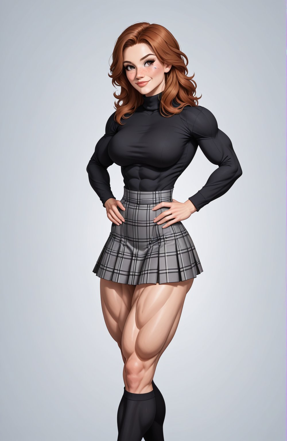 beautiful toned woman, perfect hourglass muscle body, longsleeve turtleneck sweater, plaid skirt, thigh high socks, busty, big hentai breasts, nice ass, missveins, vascular, thick dark veins, toned muscular arms, thick muscular legs with big quadriceps, female muscle, dreamymuscle, low body fat percentage, beautiful face, black long smart hair, freckles, rosy blushed cheeks, feminine pelvis, female anatomy, female bone structure, perfect eyes, soft pristine skin, cheek dimples, standing stoically, hands on hips, superior, elegance, erotic scene