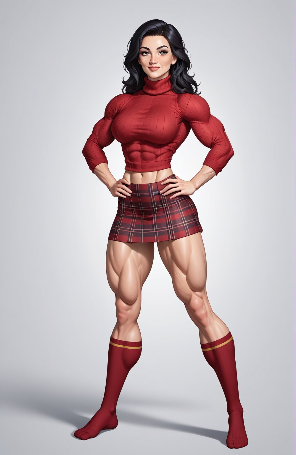 beautiful toned woman, perfect hourglass muscle body, longsleeve turtleneck sweater, plaid skirt, thigh high socks, busty, big hentai breasts, nice ass, female muscle, dreamymuscle, beautiful face, black hair, missveins, vascular, thick dark veins, toned muscular arms, thick muscular legs with big quadriceps, low body fat percentage, freckles, rosy blushed cheeks, feminine pelvis, female anatomy, female bone structure, perfect eyes, soft pristine skin, cheek dimples, standing stoically, hands on hips, superior, elegance, erotic scene