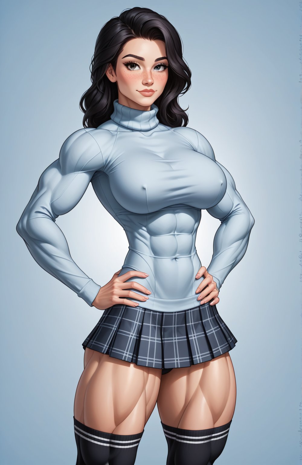 beautiful toned girl, perfect hourglass muscle body, longsleeve turtleneck sweater, plaid skirt, thigh high socks, busty, big hentai breasts, nice ass, missveins, vascular, thick dark veins, muscular arms, muscular legs, female muscle, dreamymuscle, low body fat percentage, beautiful face, smart black hair, freckles, rosy blushed cheeks, feminine pelvis, female anatomy, female bone structure, perfect eyes, soft pristine skin, cheek dimples, standing stoically, hands on hips, superior, elegance, erotic scene