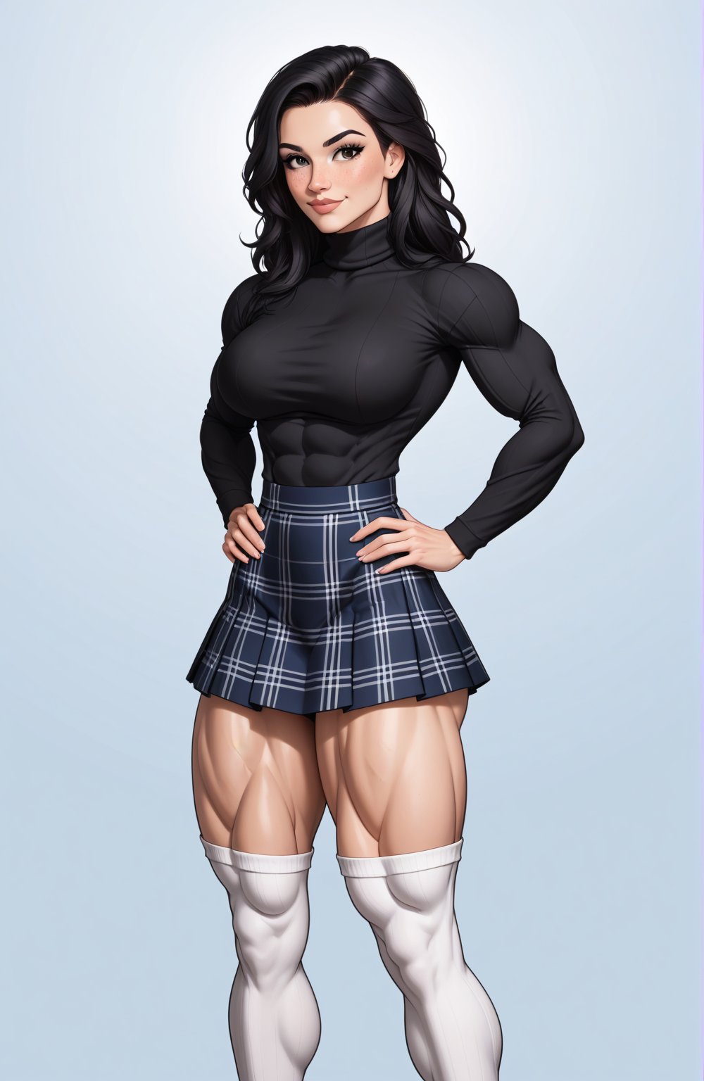 beautiful toned woman, perfect hourglass muscle body, longsleeve turtleneck sweater, plaid skirt, thigh high socks, busty, big hentai breasts, nice ass, female muscle, dreamymuscle, beautiful face, longe black hair with fringe, missveins, vascular, thick dark veins, toned muscular arms, thick muscular legs with big quadriceps, low body fat percentage, freckles, rosy blushed cheeks, feminine pelvis, female anatomy, female bone structure, perfect eyes, soft pristine skin, cheek dimples, standing stoically, hands on hips, superior, elegance, erotic scene