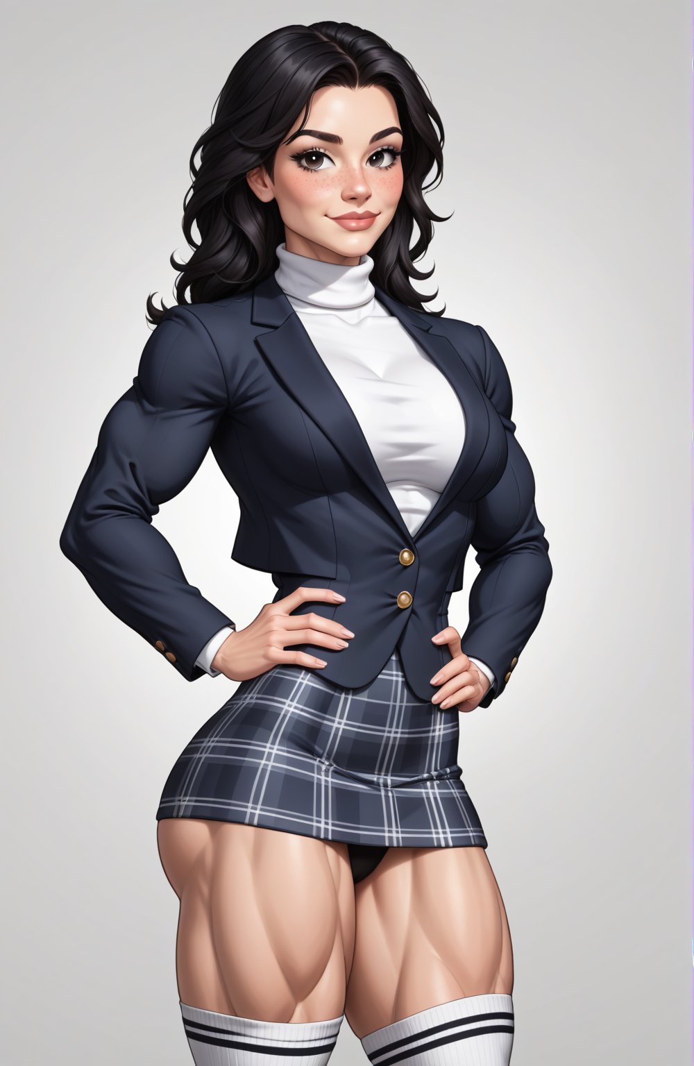 beautiful toned woman, perfect hourglass muscle body, longsleeve open blazer, turtleneck sweater, plaid skirt, thigh high socks, busty, big hentai breasts, nice ass, female muscle, dreamymuscle, beautiful face, long black hair, missveins, vascular, thick dark veins, toned muscular arms, thick muscular legs with big quadriceps, low body fat percentage, freckles, rosy blushed cheeks, feminine pelvis, female anatomy, female bone structure, perfect eyes, cheek dimples, stoic feminine posture, hands on hips, superior, elegance, erotic scene