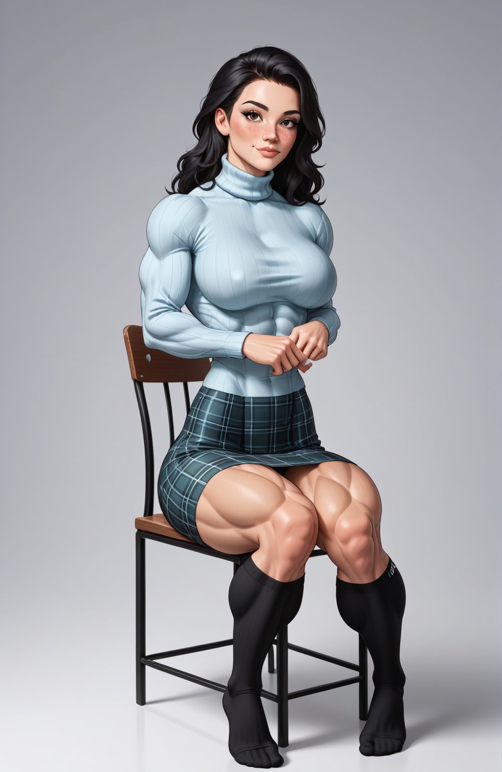 beautiful toned girl, perfect hourglass muscle body, longsleeve turtleneck sweater, plaid skirt, thigh high socks, busty, big hentai breasts, nice ass, missveins, vascular, thick dark veins, muscular arms, muscular legs, defined quadriceps, female muscle, dreamymuscle, low body fat percentage, beautiful face, smart black hair, freckles, rosy blushed cheeks, feminine pelvis, female anatomy, female bone structure, perfect eyes, soft pristine skin, cheek dimples, sitting on a chair, superior, elegance, erotic scene