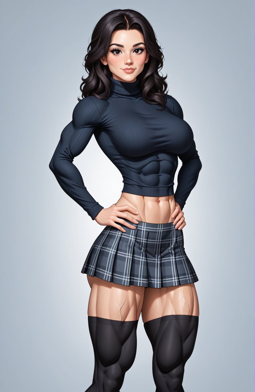 beautiful toned woman, perfect hourglass muscle body, longsleeve turtleneck sweater, plaid skirt, thigh high socks, busty, big hentai breasts, nice ass, female muscle, dreamymuscle, beautiful face, long black hair, missveins, vascular, thick dark veins, toned muscular arms, thick muscular legs with big quadriceps, low body fat percentage, freckles, rosy blushed cheeks, feminine pelvis, female anatomy, female bone structure, perfect eyes, cheek dimples, stoic feminine posture, hands on hips, superior, elegance, erotic scene